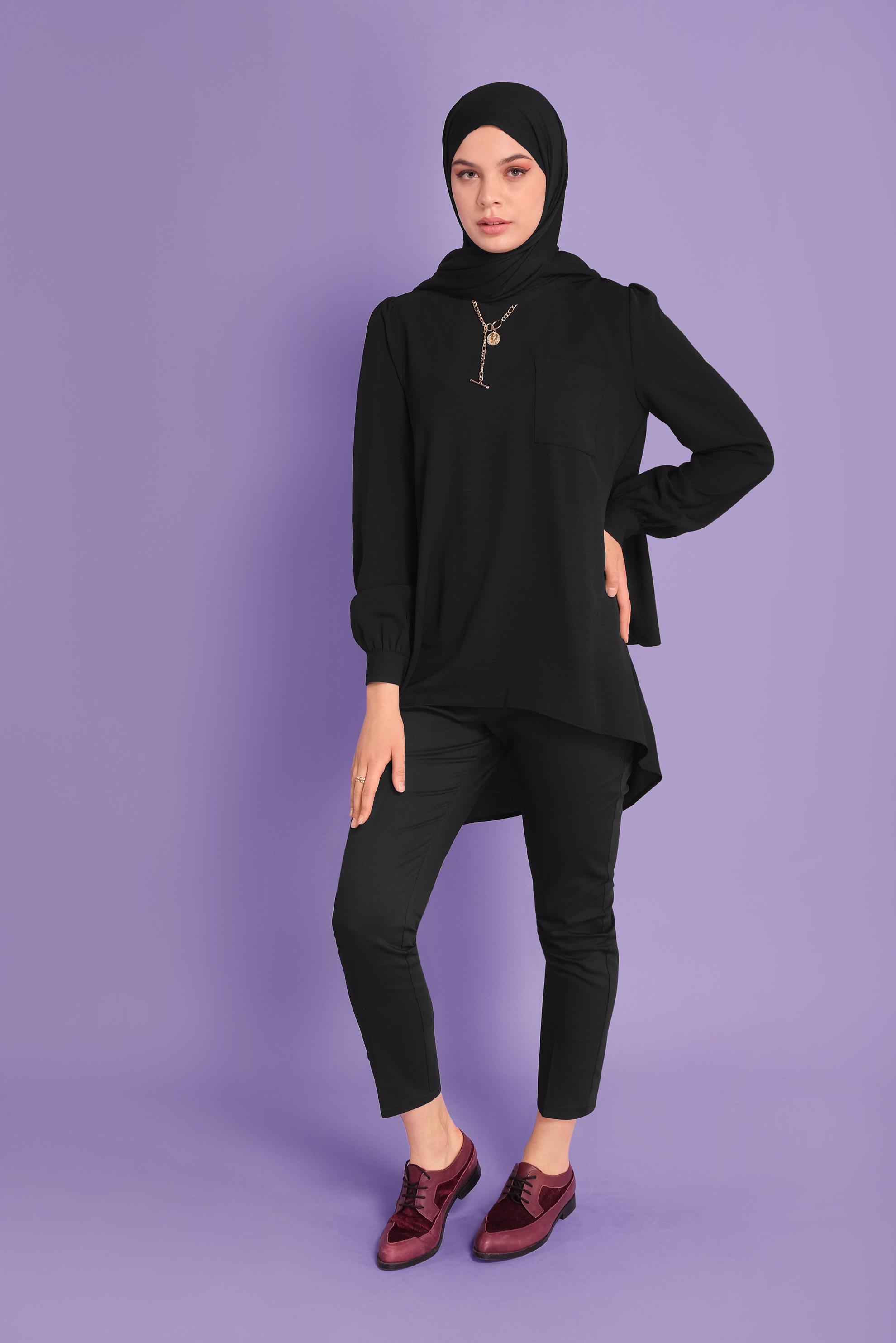 Tesettür giyim SİYAH YUVARLAK YAKA CEPLİ TUNİK 40732