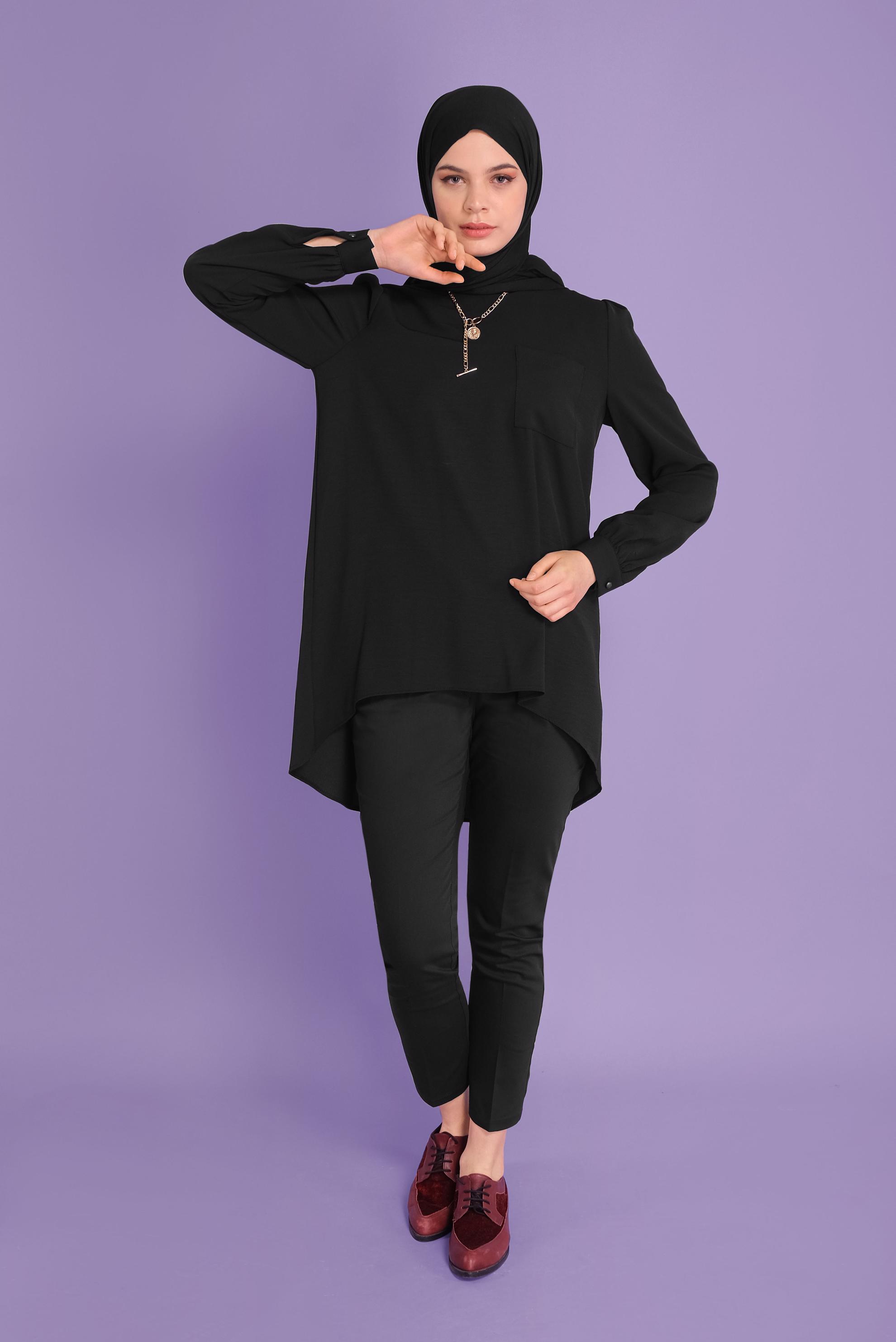 Tesettür giyim SİYAH YUVARLAK YAKA CEPLİ TUNİK 40732