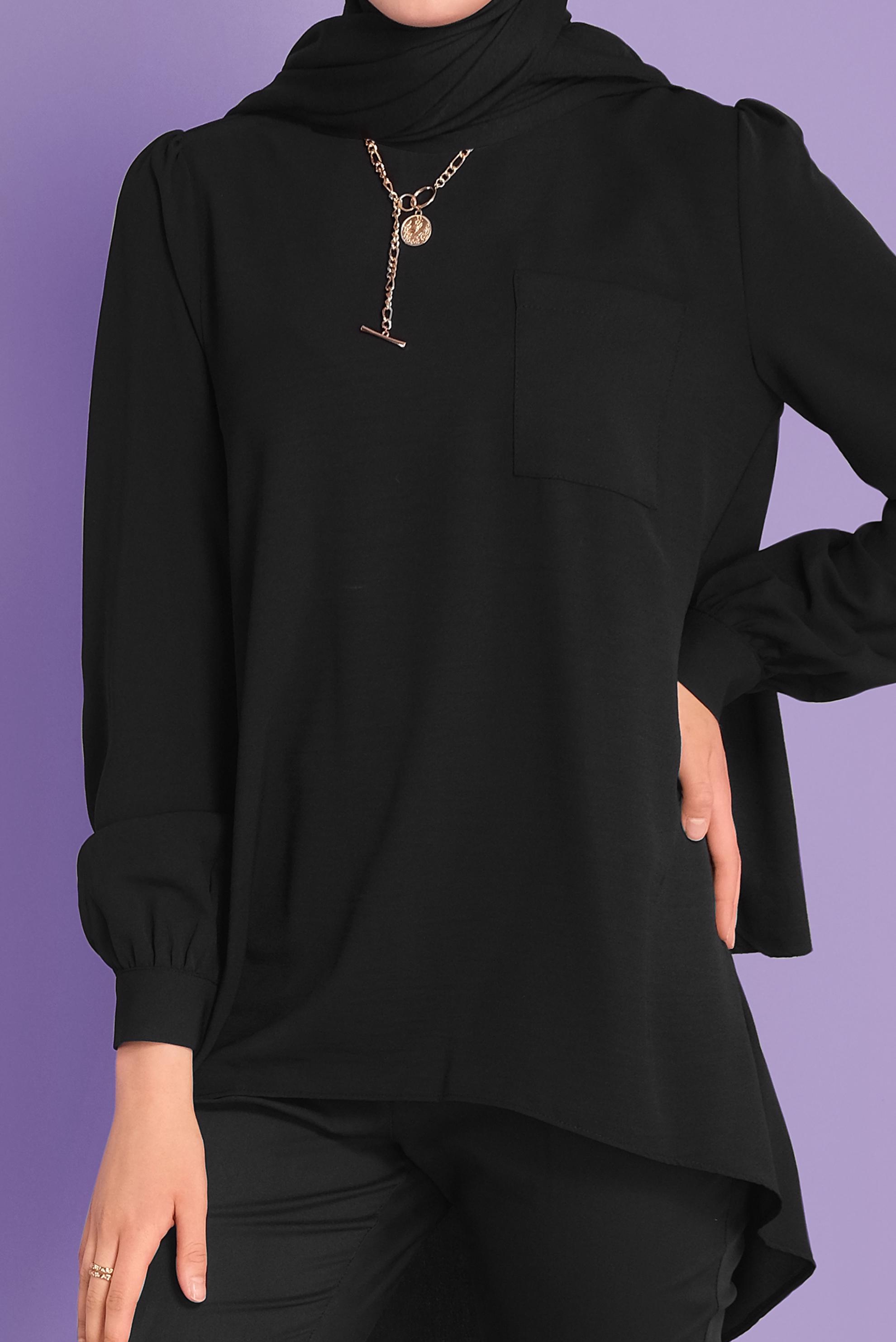 Tesettür giyim SİYAH YUVARLAK YAKA CEPLİ TUNİK 40732