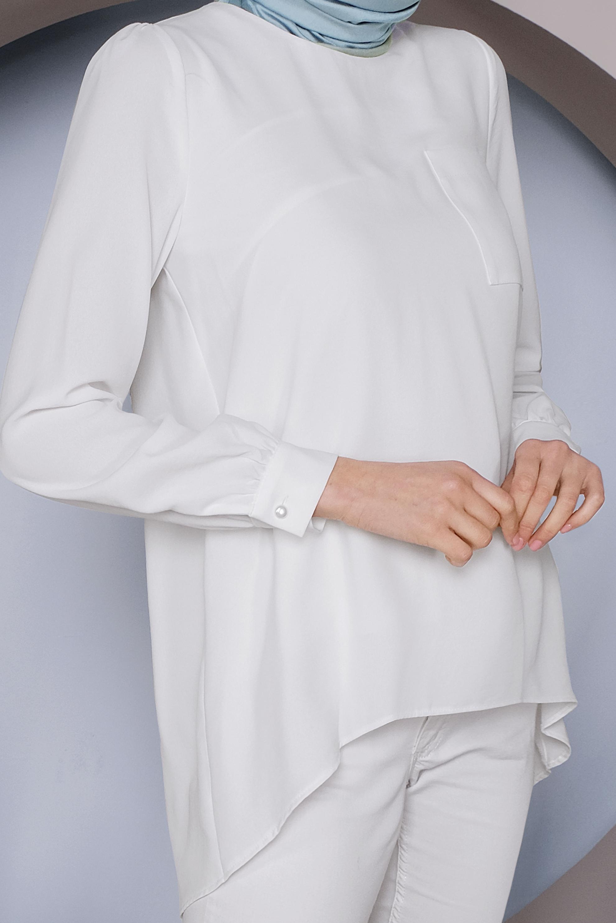 Tesettür giyim BEYAZ YUVARLAK YAKA CEPLİ TUNİK 40732