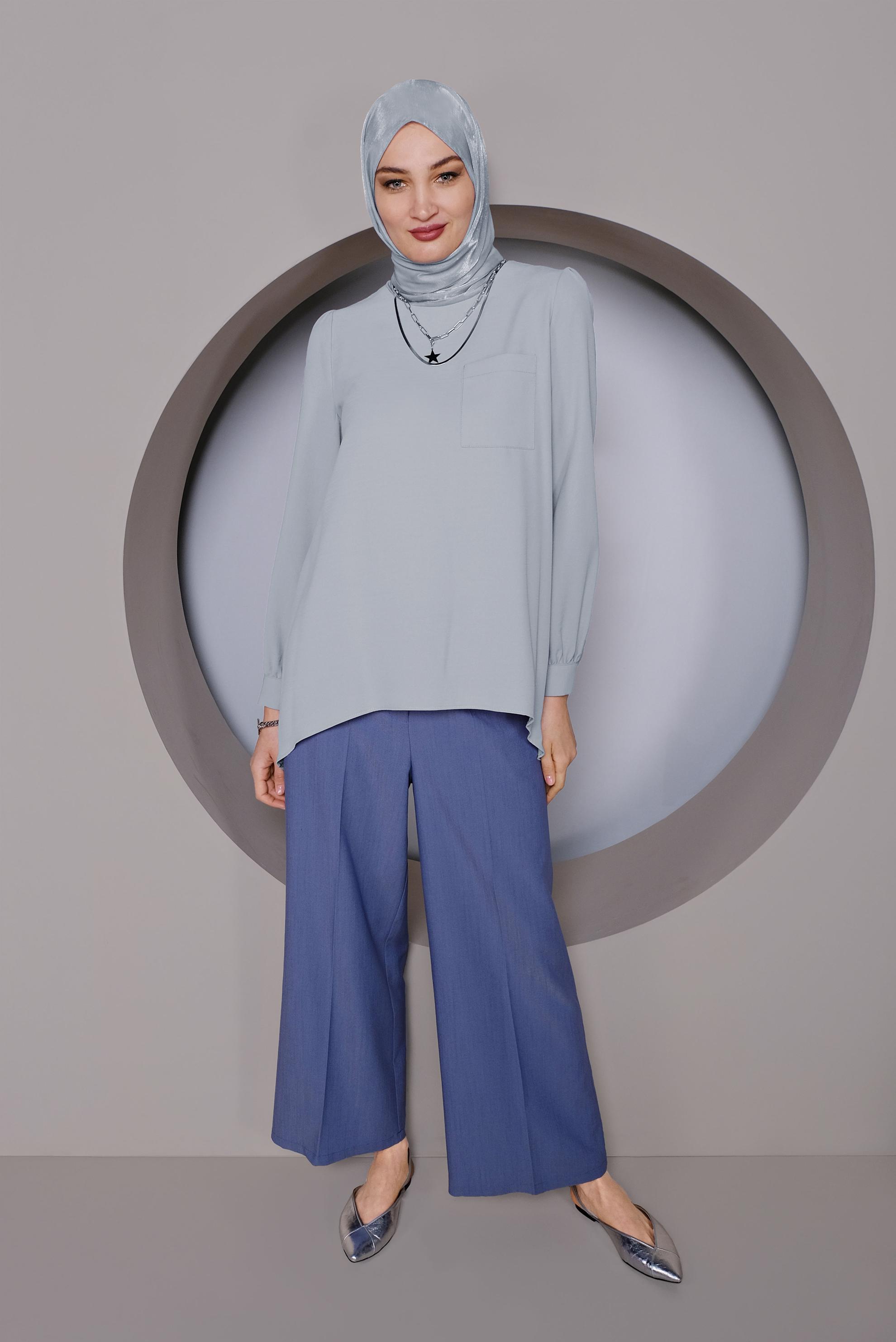 Tesettür giyim GRİ YUVARLAK YAKA CEPLİ TUNİK 40732