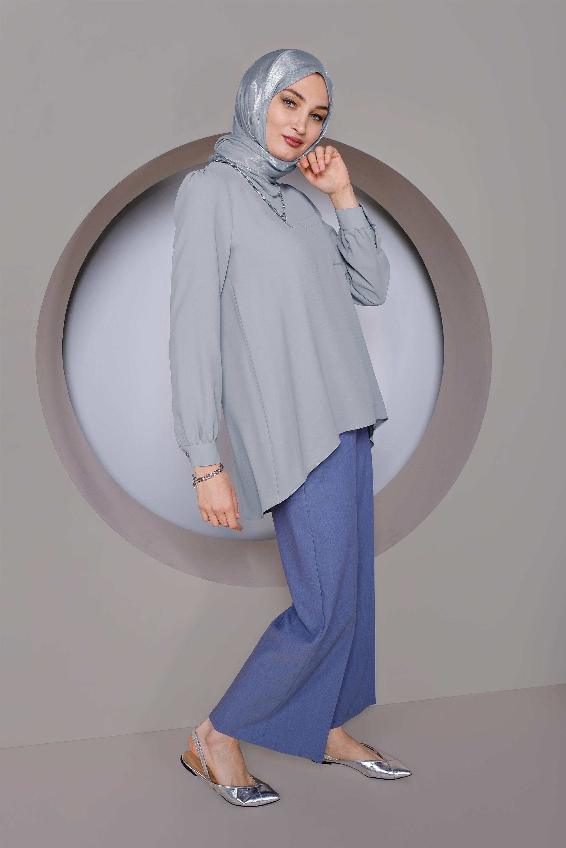 Tesettür giyim GRİ YUVARLAK YAKA CEPLİ TUNİK 40732