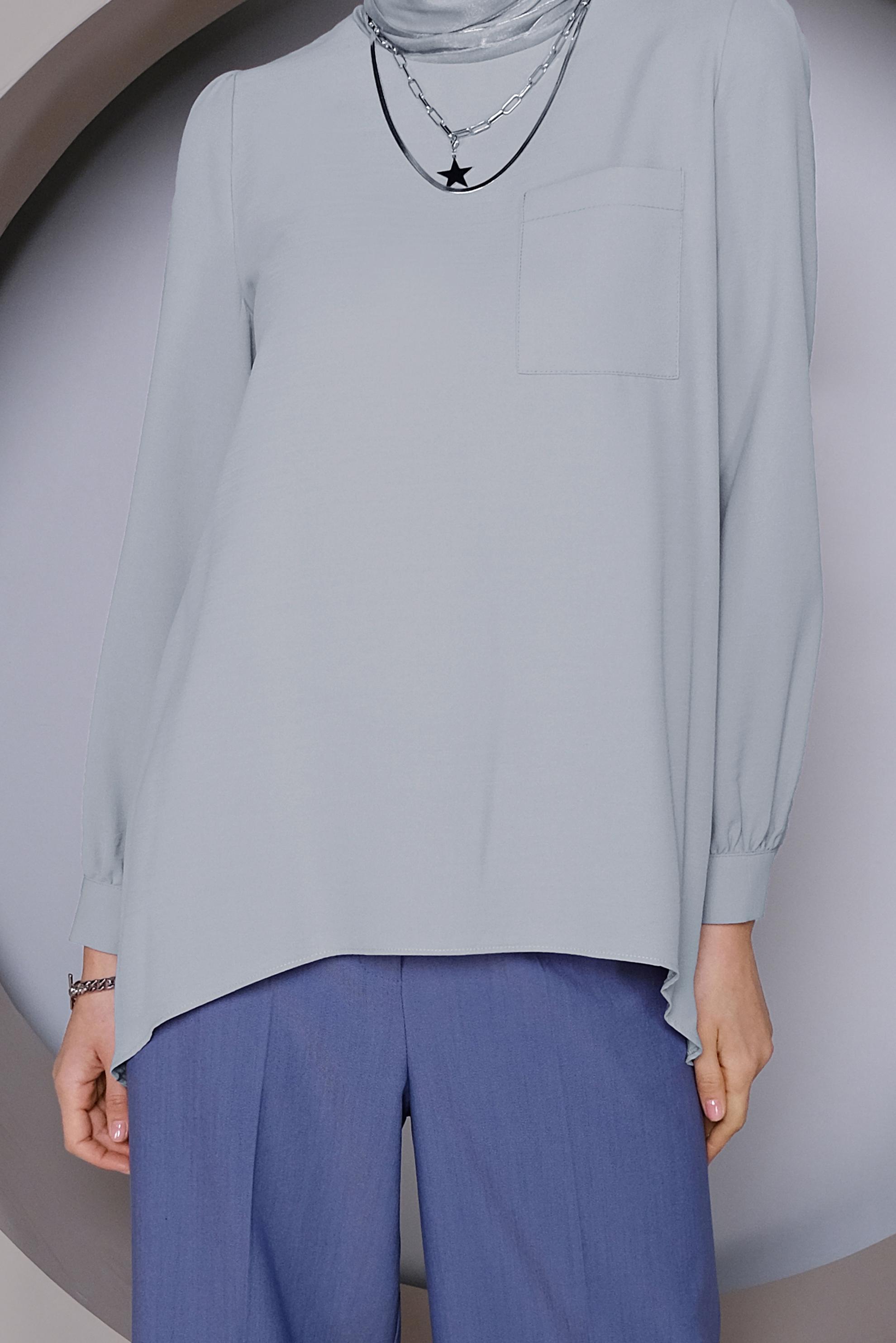 Tesettür giyim GRİ YUVARLAK YAKA CEPLİ TUNİK 40732