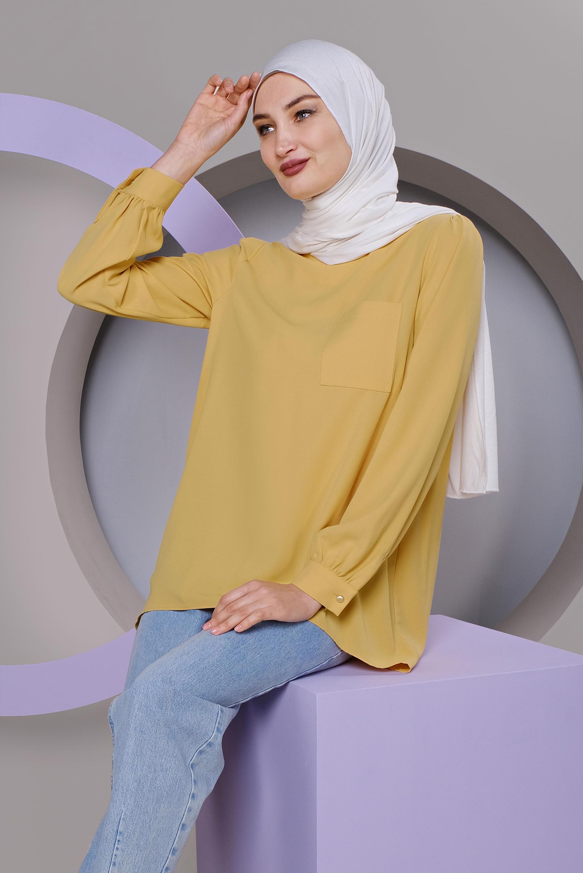 Tesettür giyim SARI YUVARLAK YAKA CEPLİ TUNİK 40732