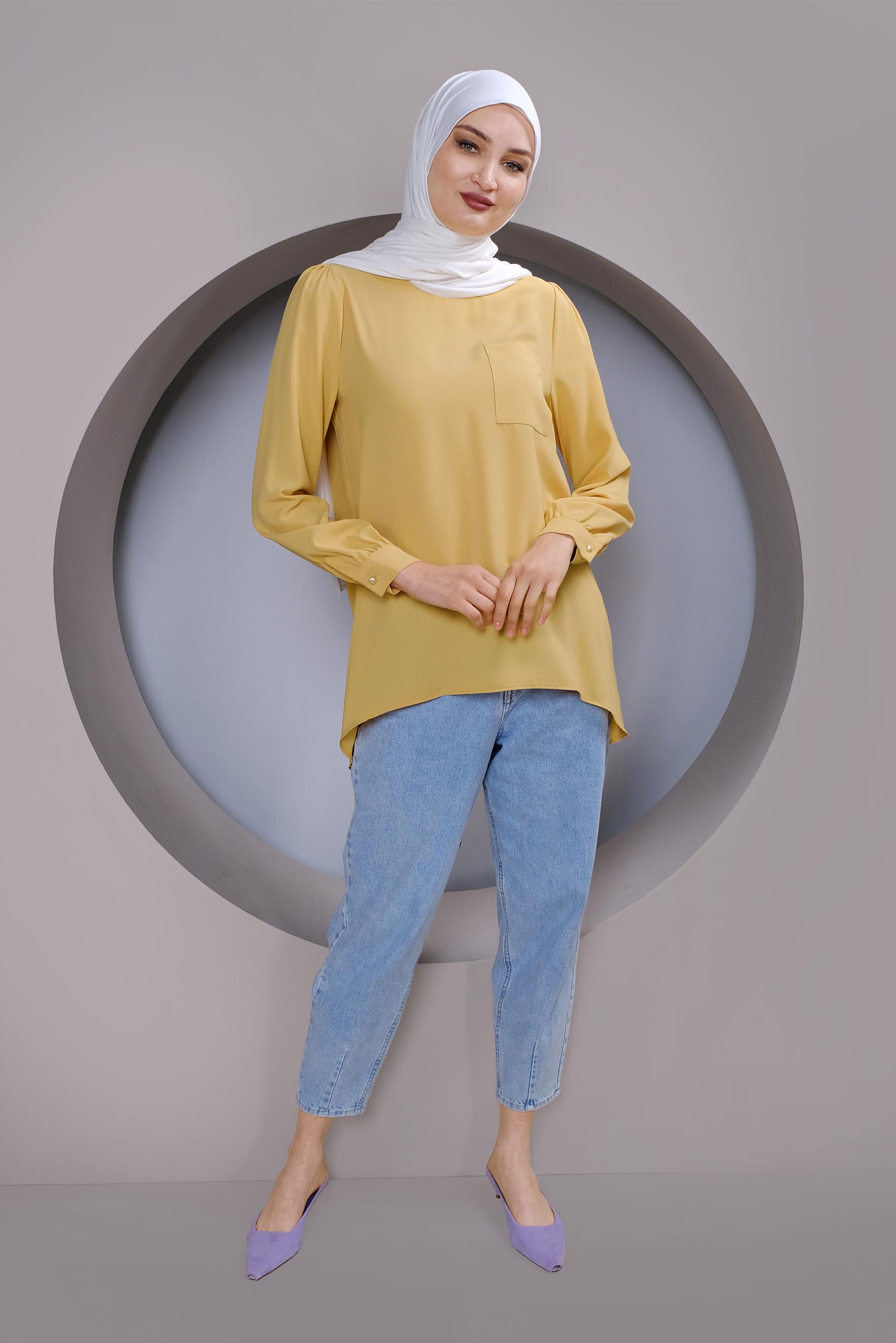 Tesettür giyim SARI YUVARLAK YAKA CEPLİ TUNİK 40732