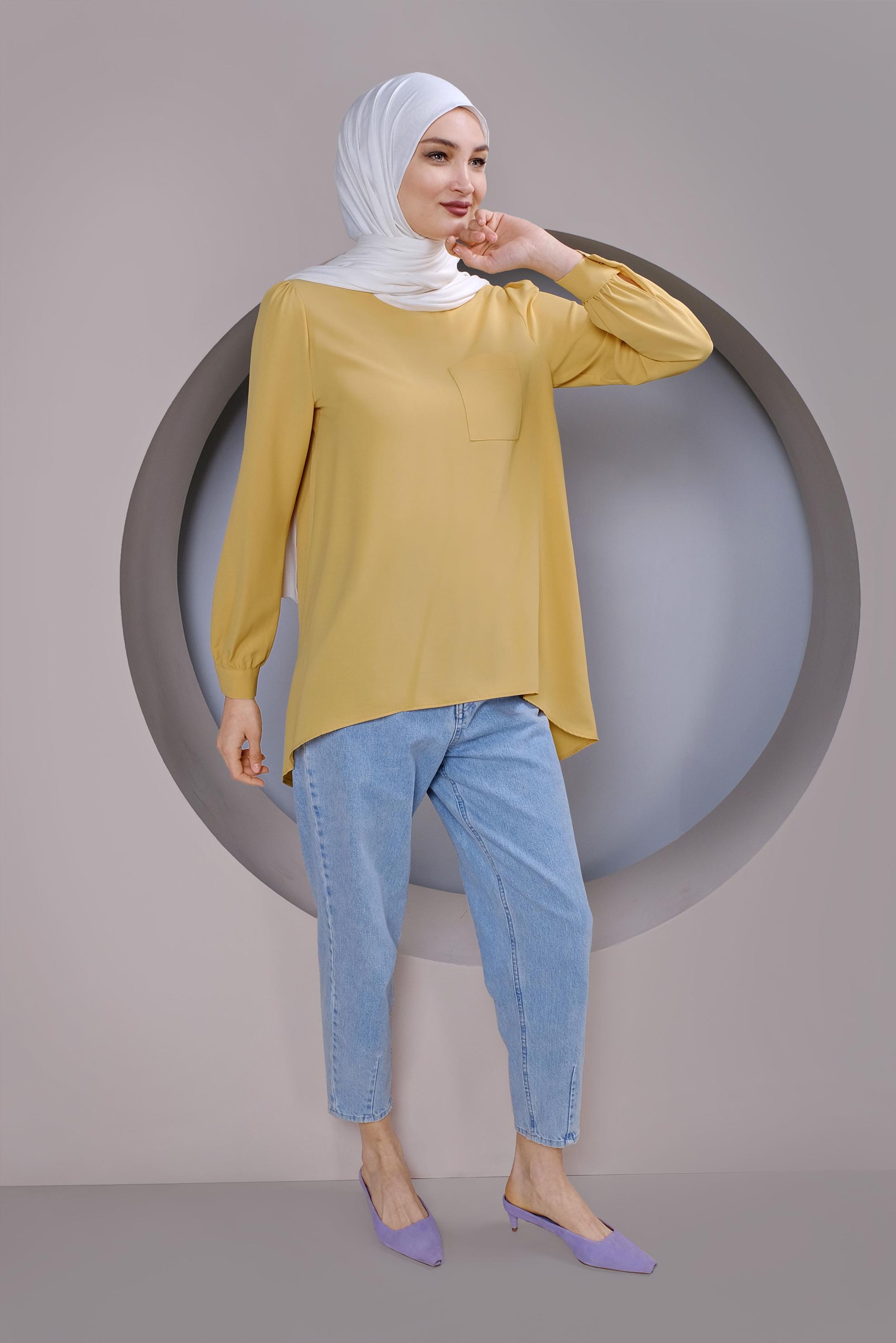 Tesettür giyim SARI YUVARLAK YAKA CEPLİ TUNİK 40732