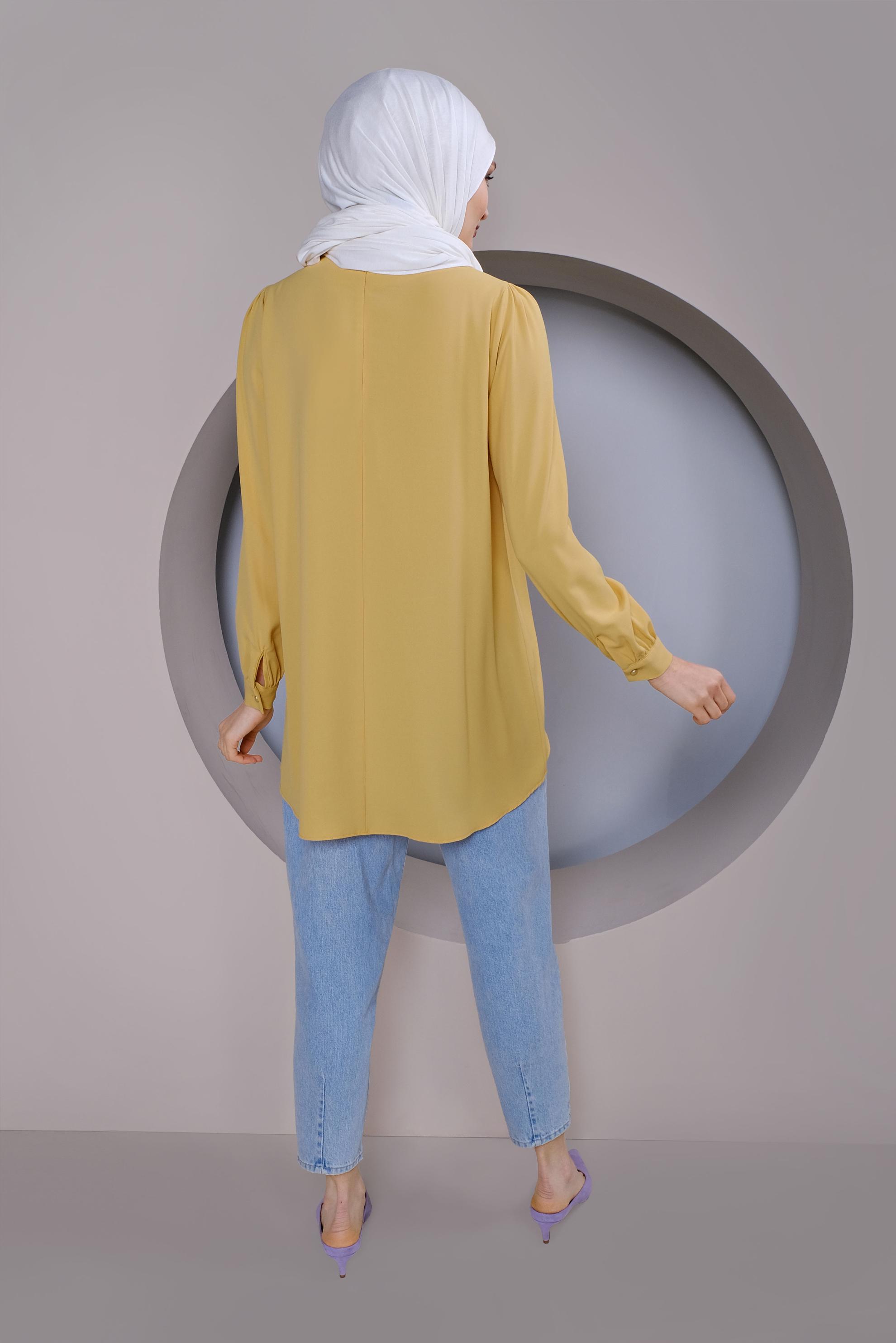 Tesettür giyim SARI YUVARLAK YAKA CEPLİ TUNİK 40732