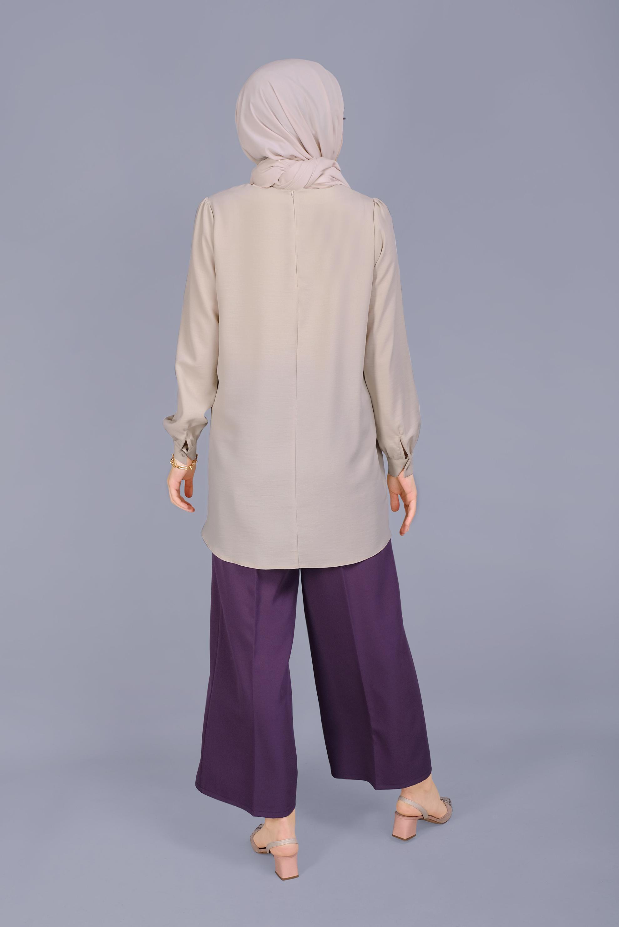 Tesettür giyim BEJ YUVARLAK YAKA CEPLİ TUNİK 40732