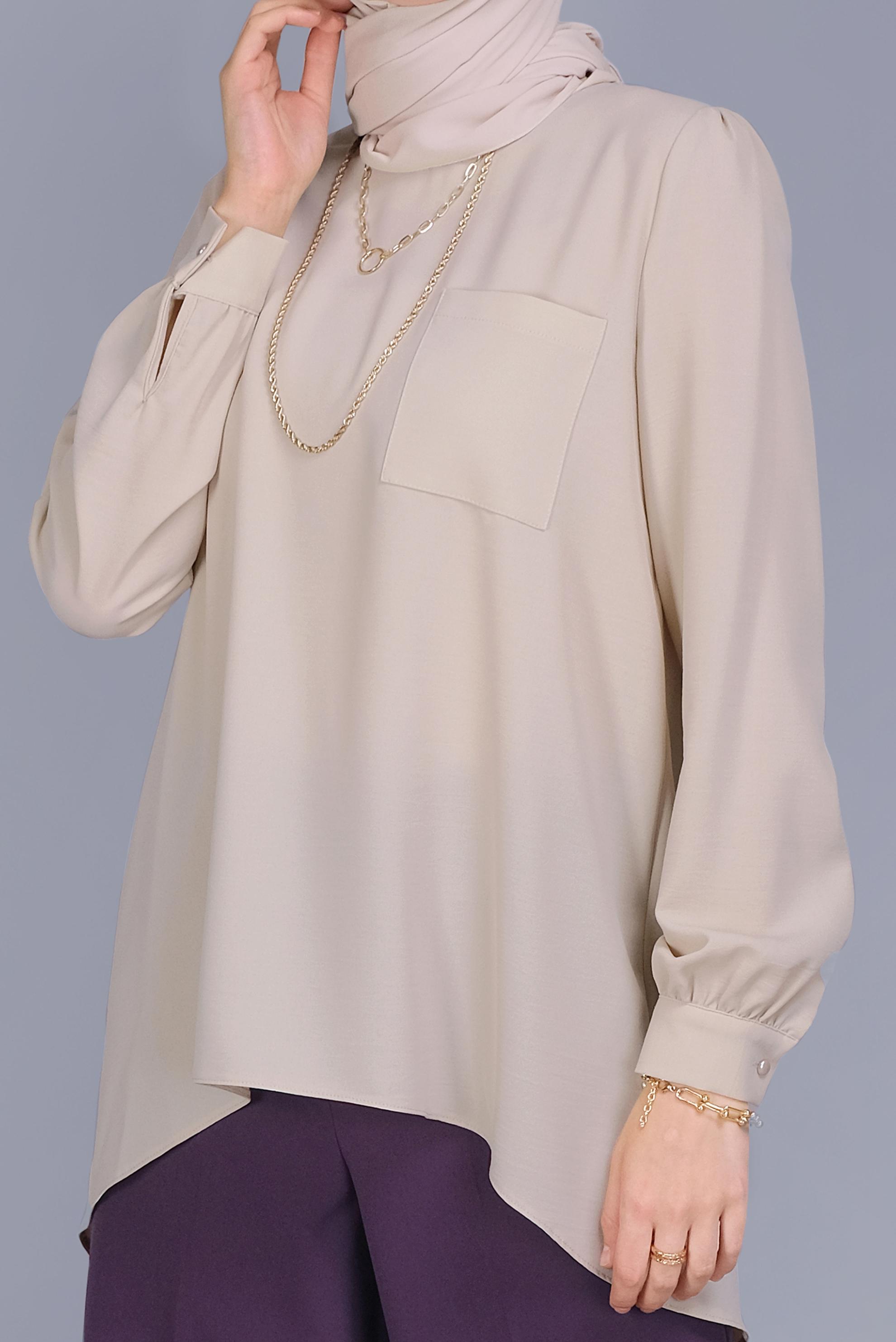 Tesettür giyim BEJ YUVARLAK YAKA CEPLİ TUNİK 40732