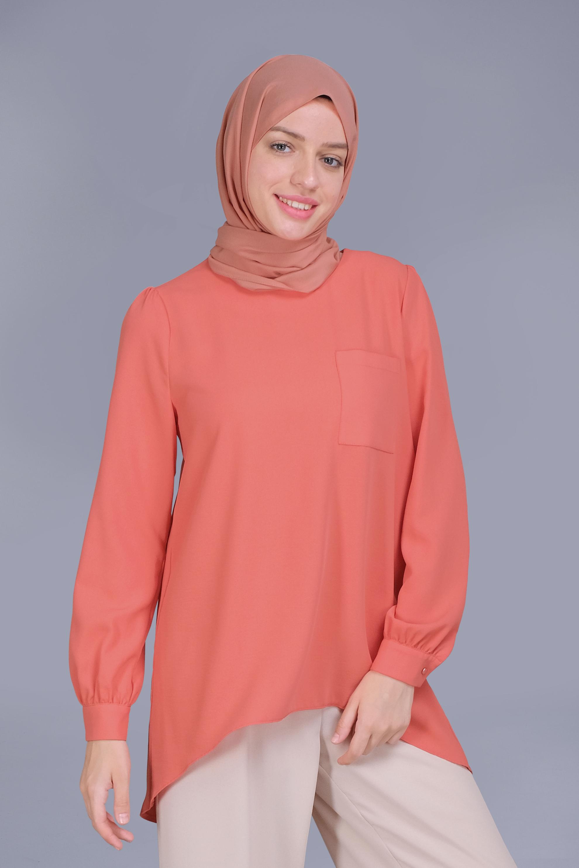 Tesettür giyim MERCAN YUVARLAK YAKA CEPLİ TUNİK 40732