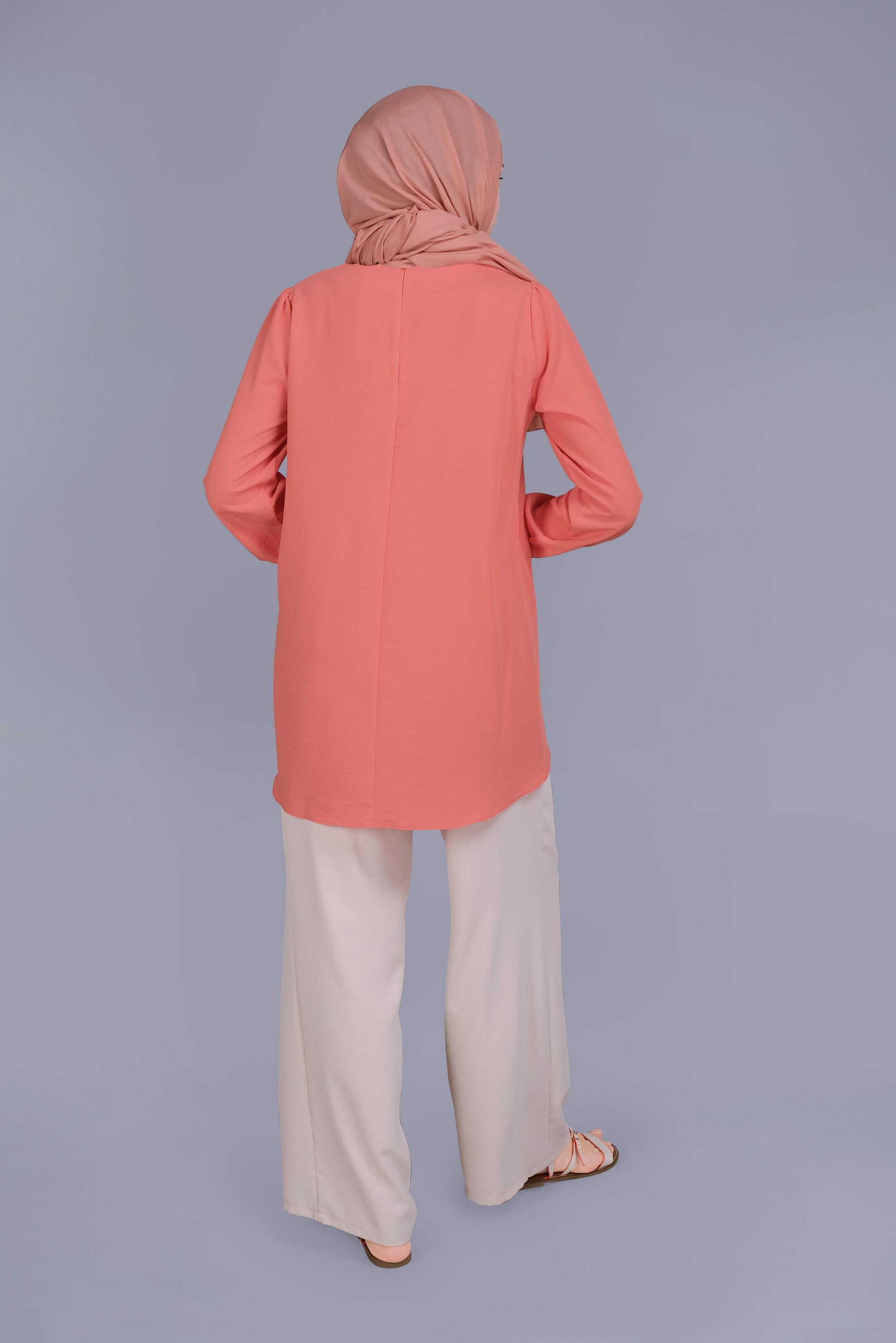 Tesettür giyim MERCAN YUVARLAK YAKA CEPLİ TUNİK 40732