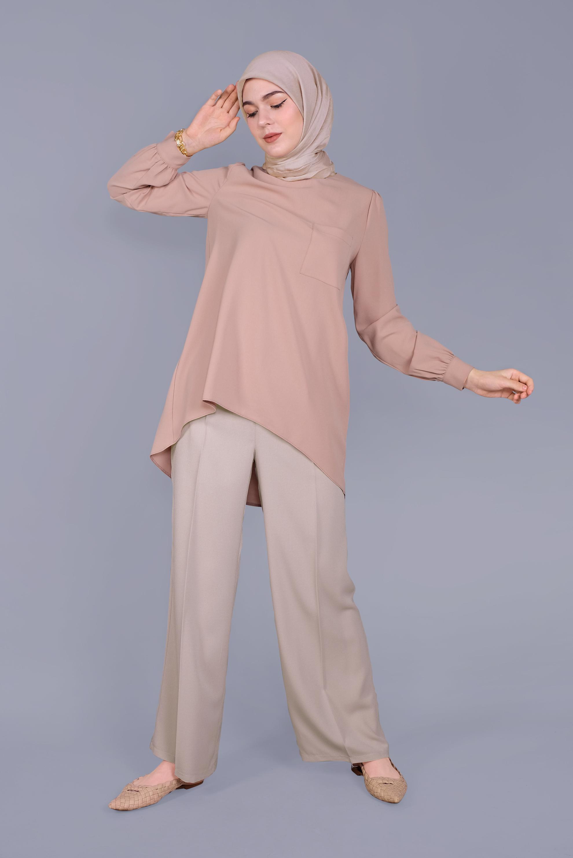 Tesettür giyim PUDRA YUVARLAK YAKA CEPLİ TUNİK 40732