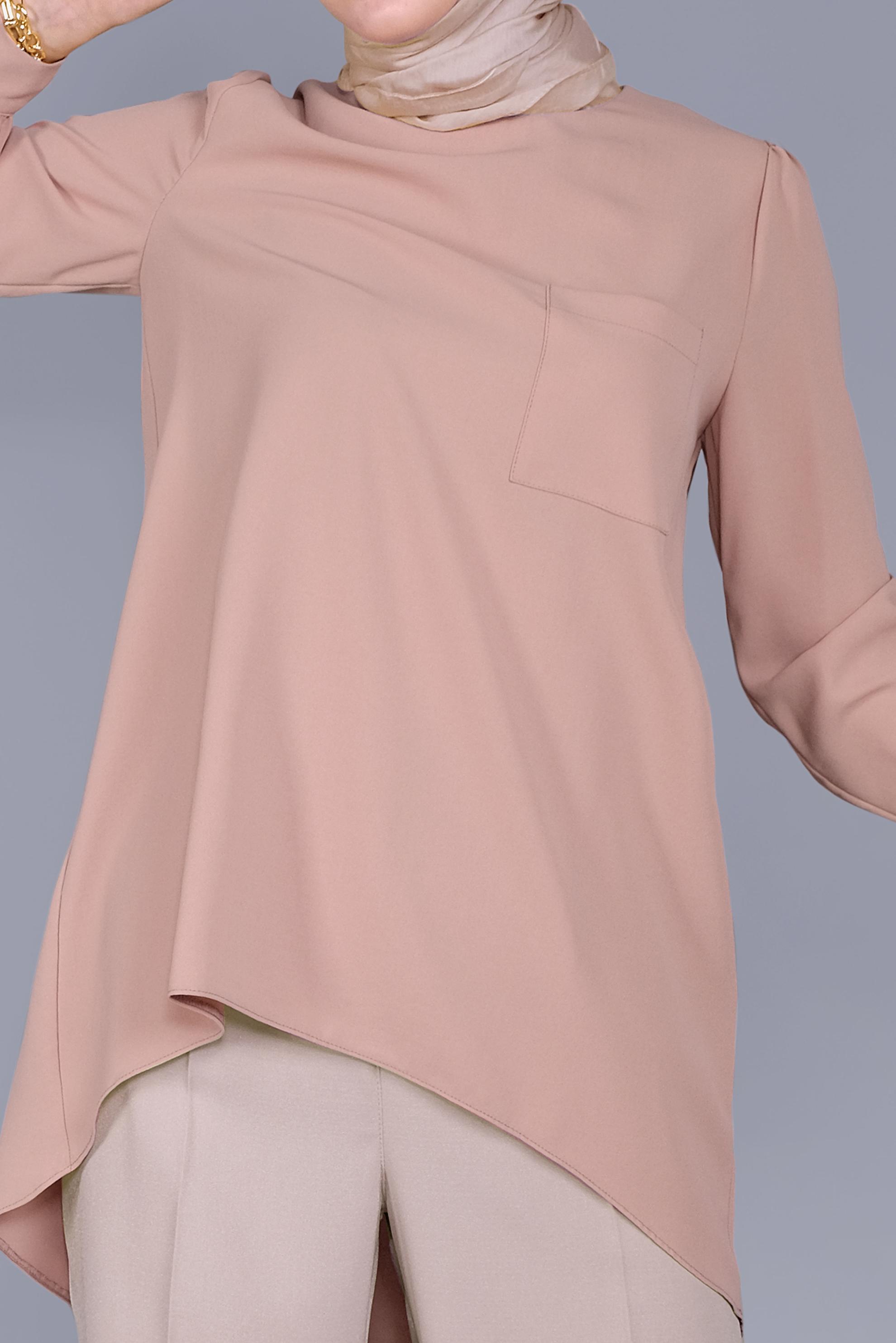 Tesettür giyim PUDRA YUVARLAK YAKA CEPLİ TUNİK 40732