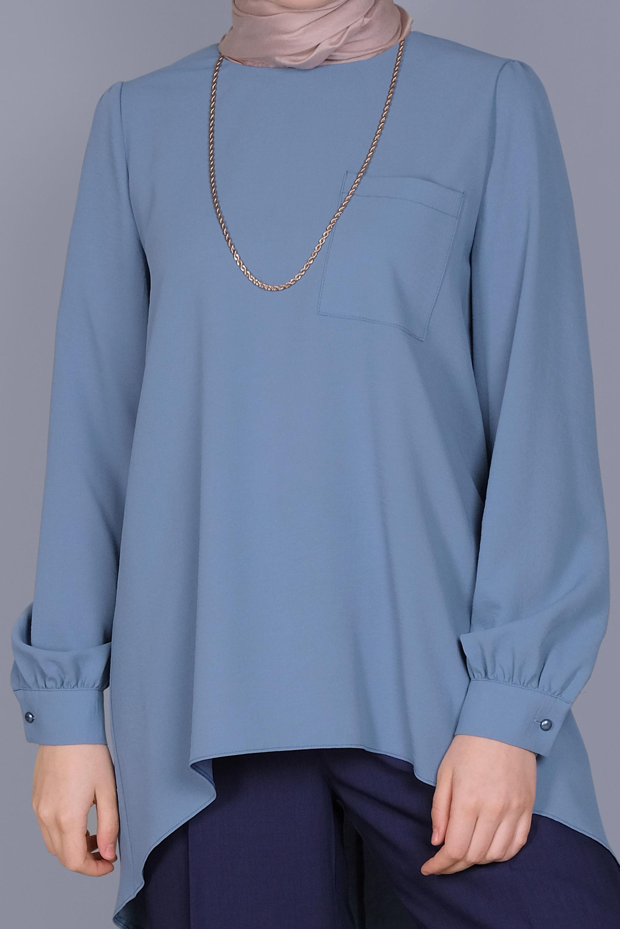 Tesettür giyim MAVİ YUVARLAK YAKA CEPLİ TUNİK 40732