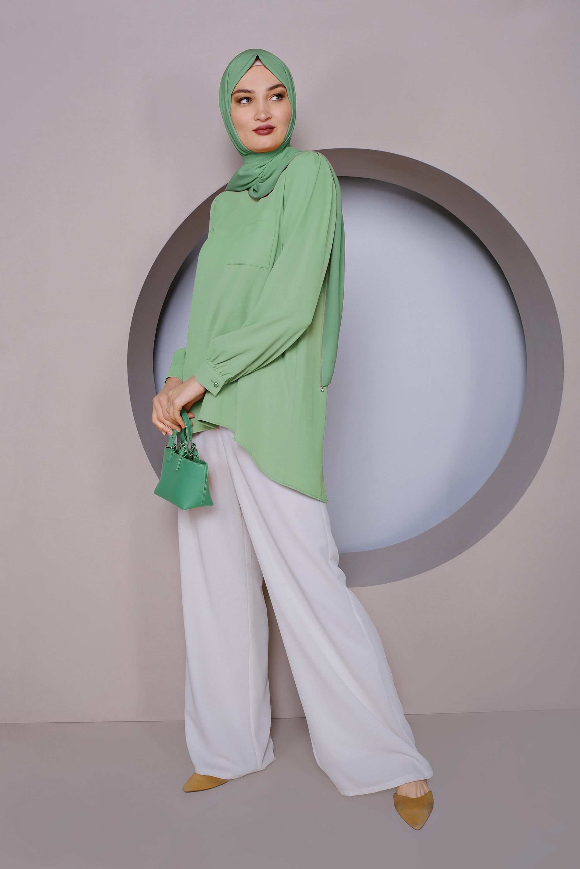 Tesettür giyim YEŞİL YUVARLAK YAKA CEPLİ TUNİK 40732
