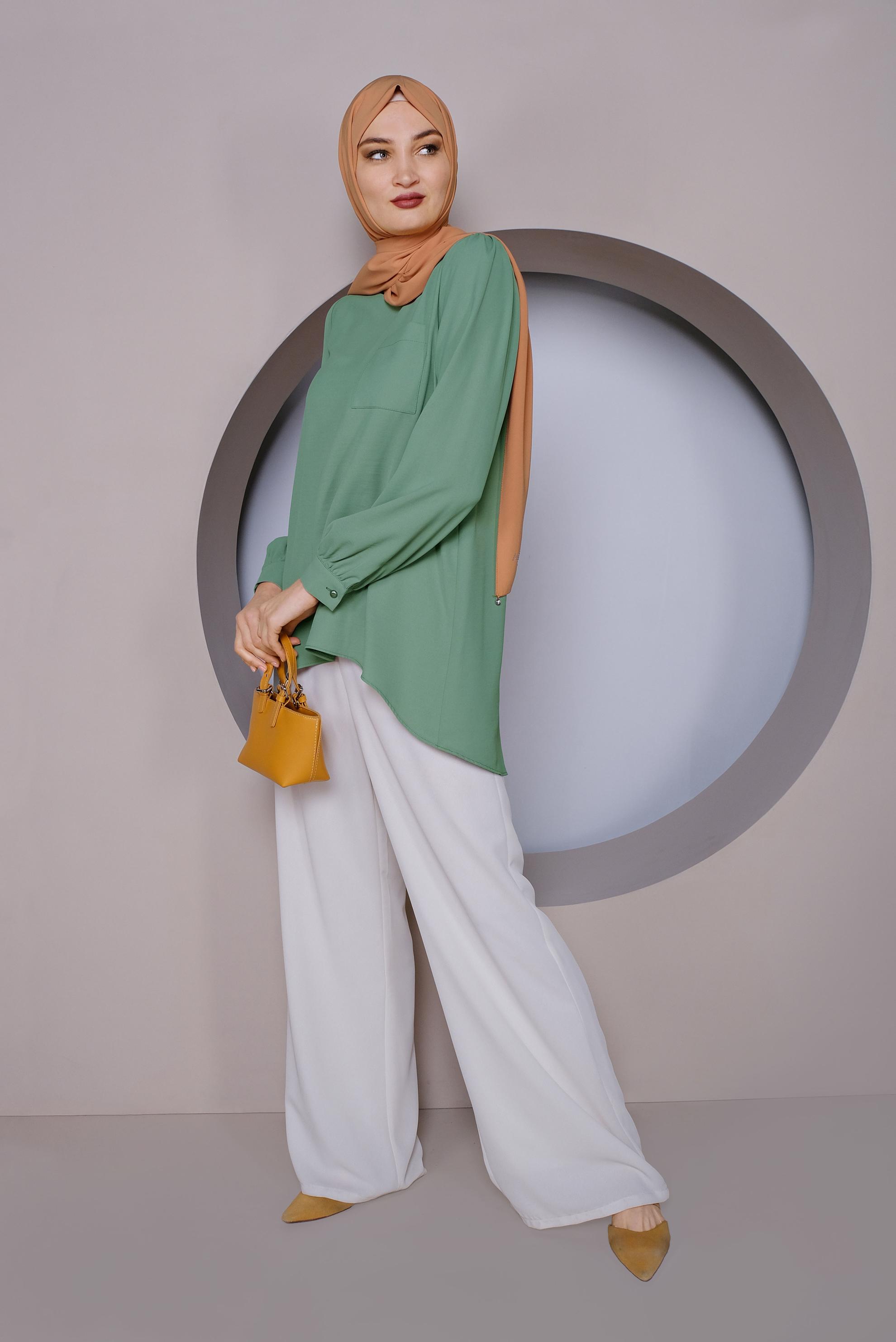 Tesettür giyim YEŞİL YUVARLAK YAKA CEPLİ TUNİK 40732