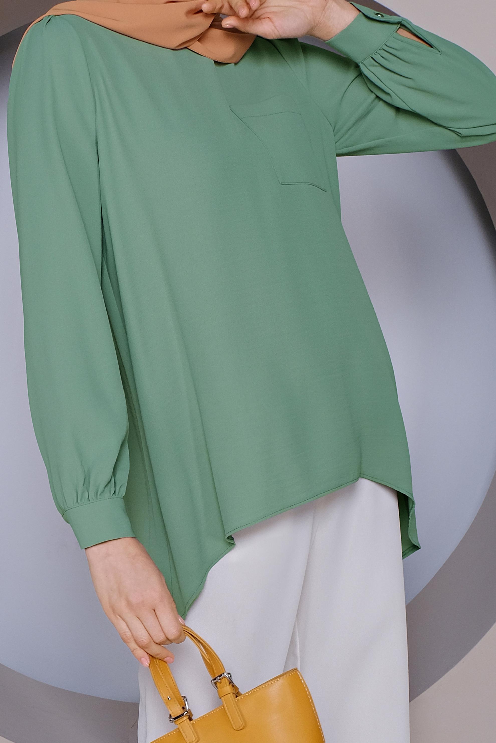 Tesettür giyim YEŞİL YUVARLAK YAKA CEPLİ TUNİK 40732