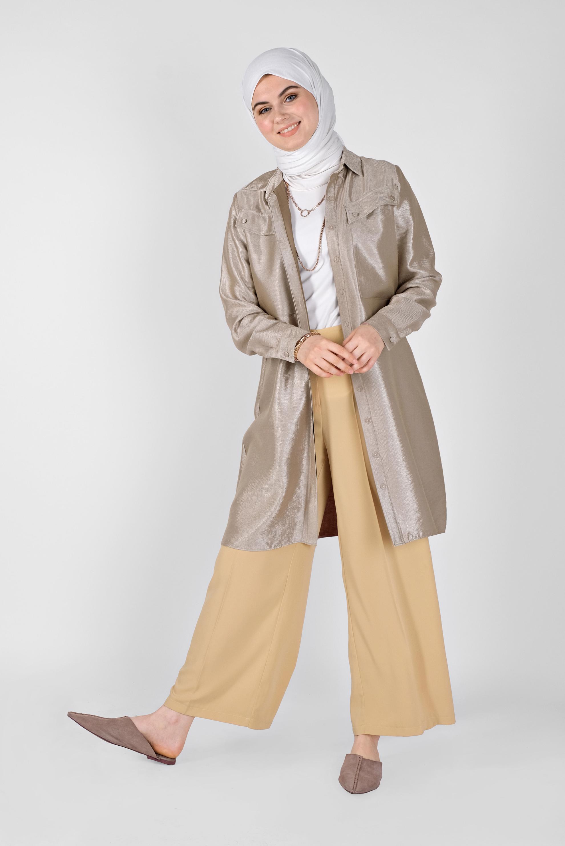 Tesettür giyim BEJ DÜĞMELİ PARLAK KUMAŞ TUNİK 41260 