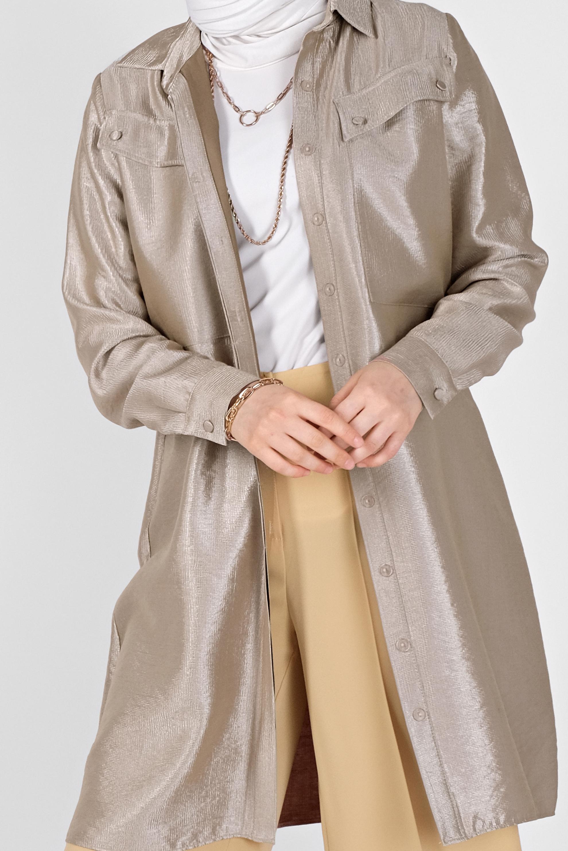 Tesettür giyim BEJ DÜĞMELİ PARLAK KUMAŞ TUNİK 41260 