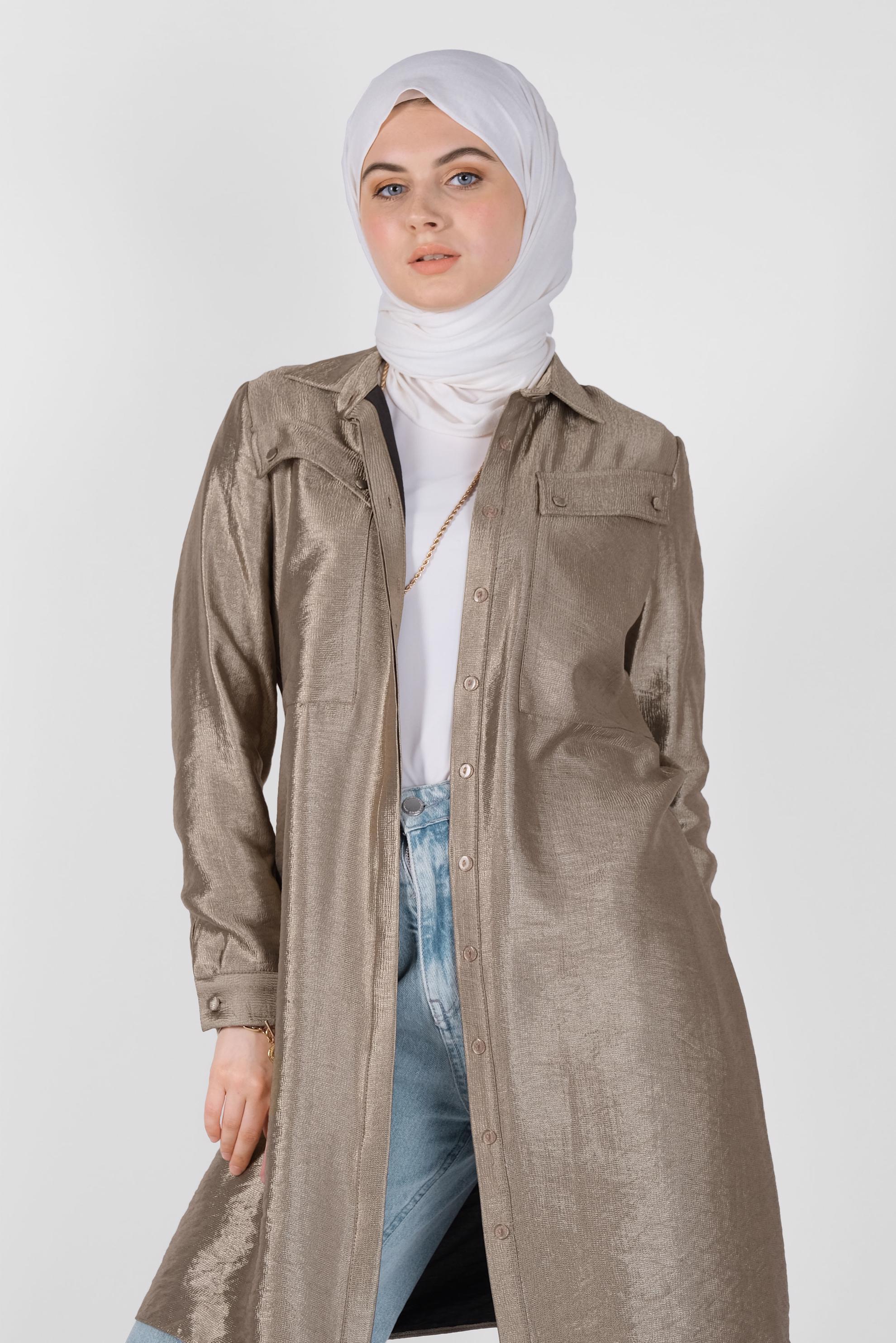 Tesettür giyim VİZON DÜĞMELİ PARLAK KUMAŞ TUNİK 41260 