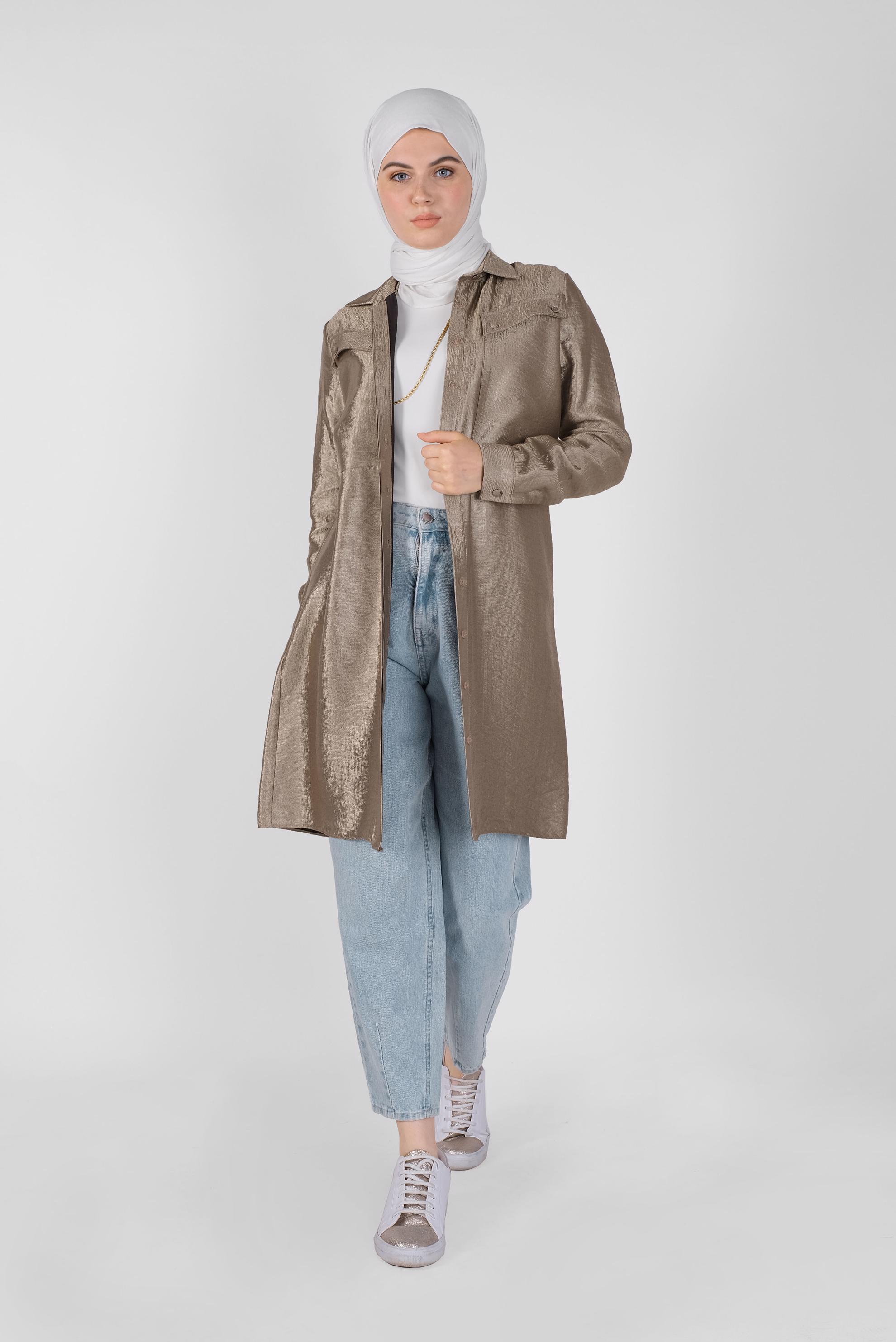 Tesettür giyim VİZON DÜĞMELİ PARLAK KUMAŞ TUNİK 41260 