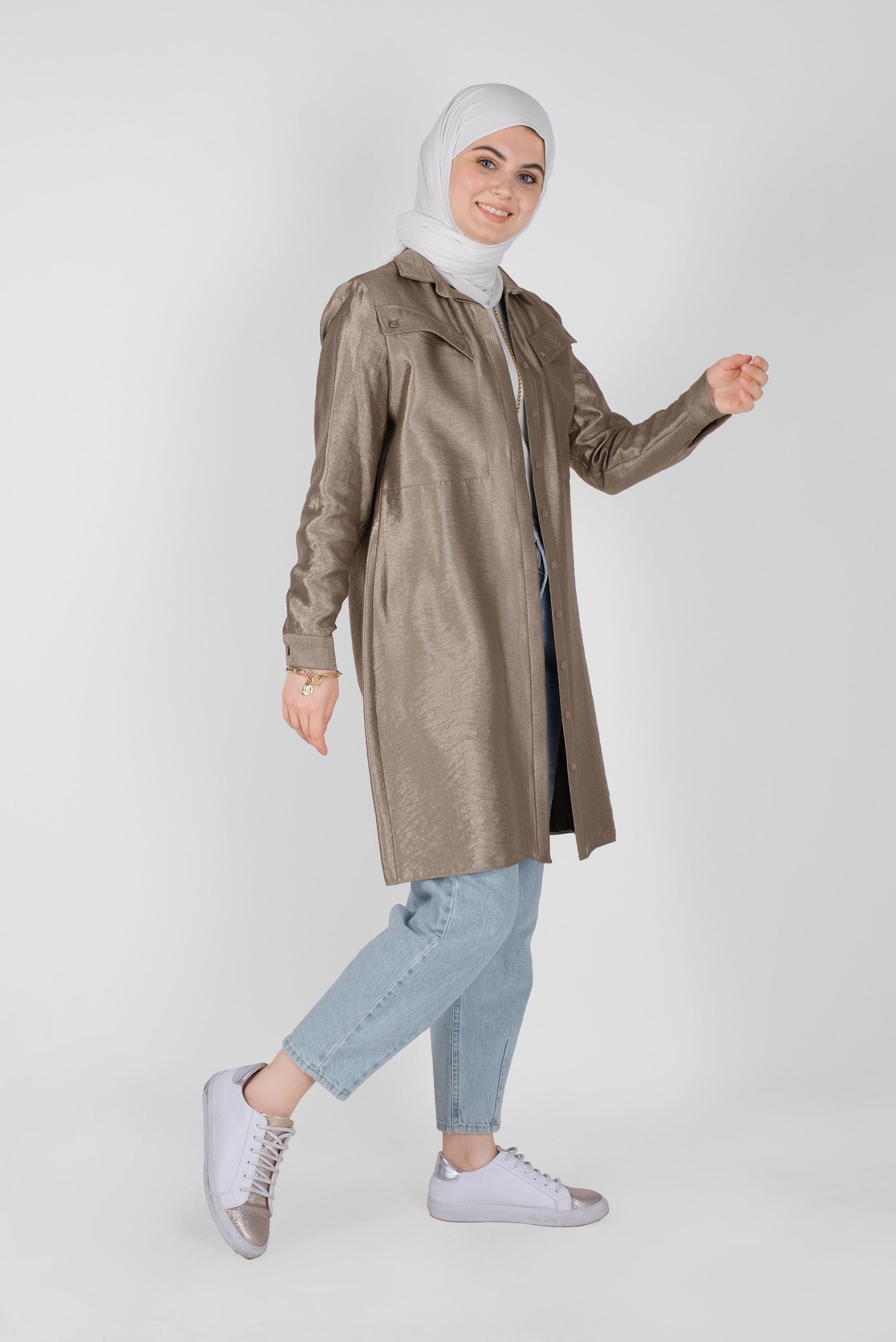 Tesettür giyim VİZON DÜĞMELİ PARLAK KUMAŞ TUNİK 41260 