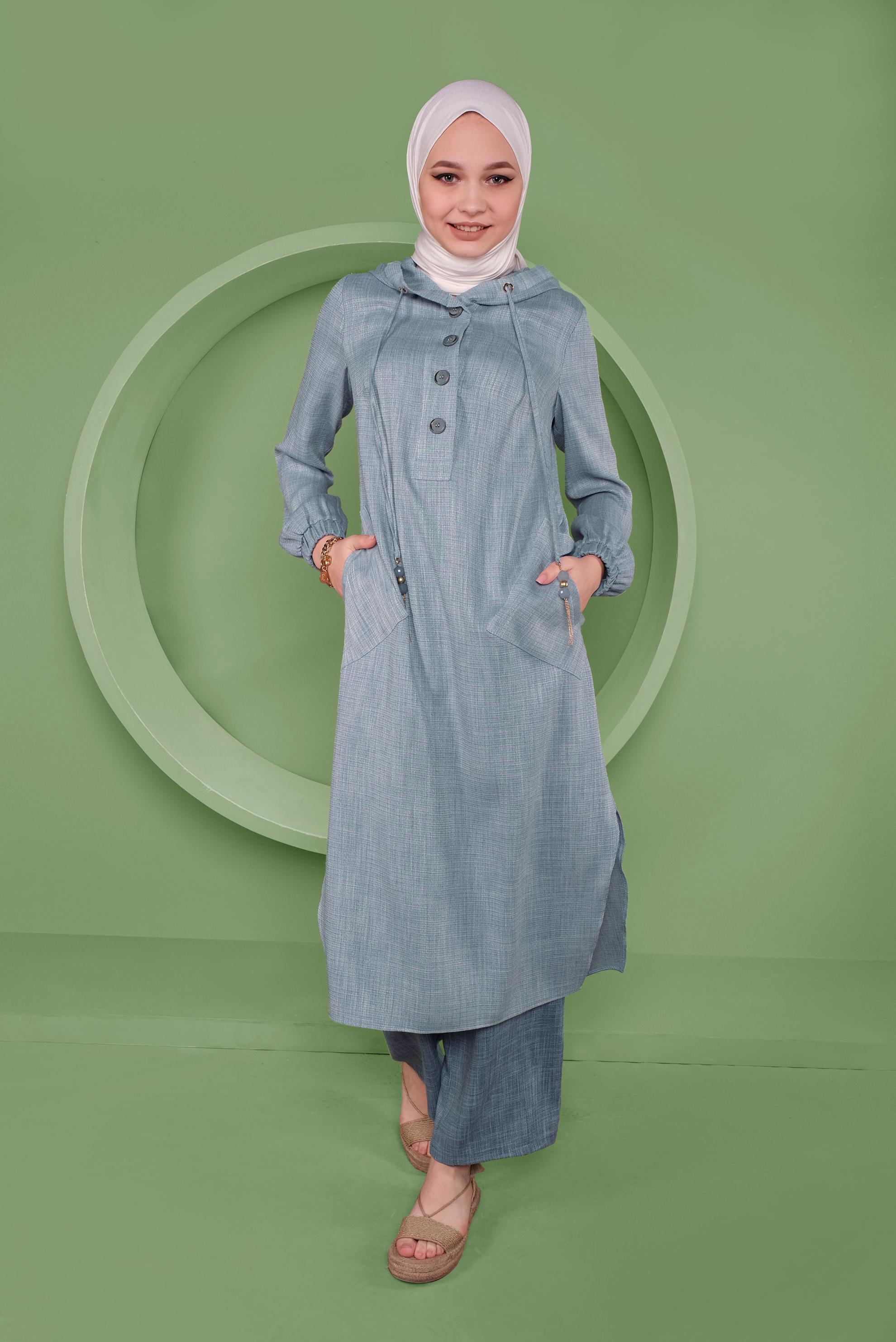 Tesettür giyim MAVİ KAPÜŞONLU DÜĞMELİ UZUN TUNİK 41341