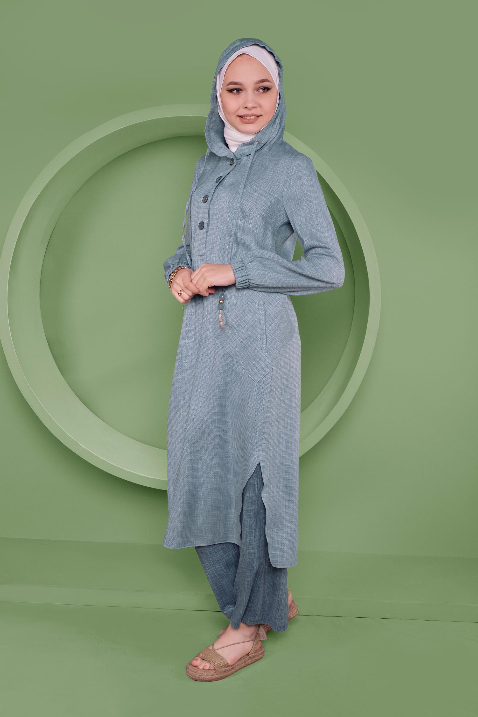 Tesettür giyim MAVİ KAPÜŞONLU DÜĞMELİ UZUN TUNİK 41341