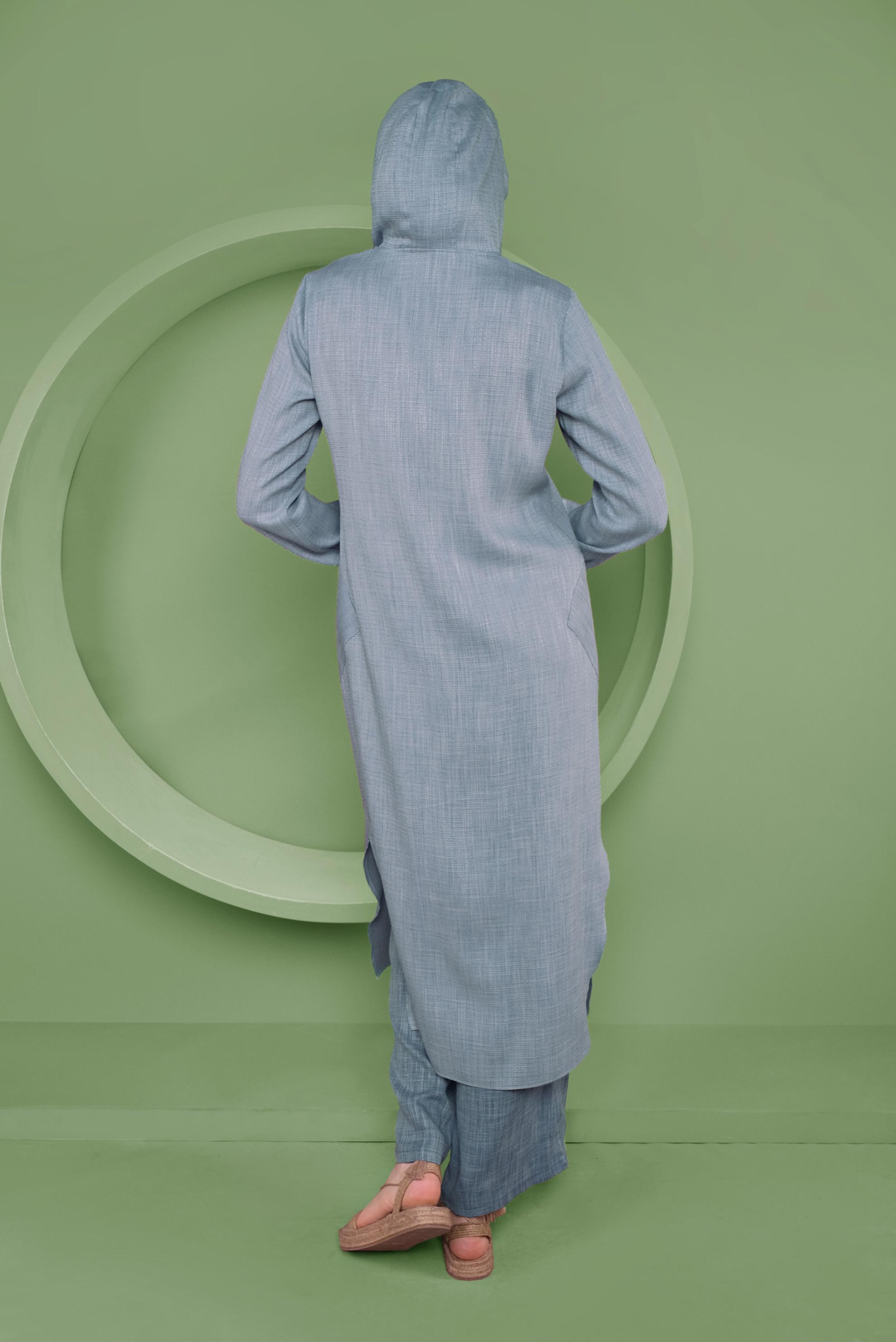 Tesettür giyim MAVİ KAPÜŞONLU DÜĞMELİ UZUN TUNİK 41341