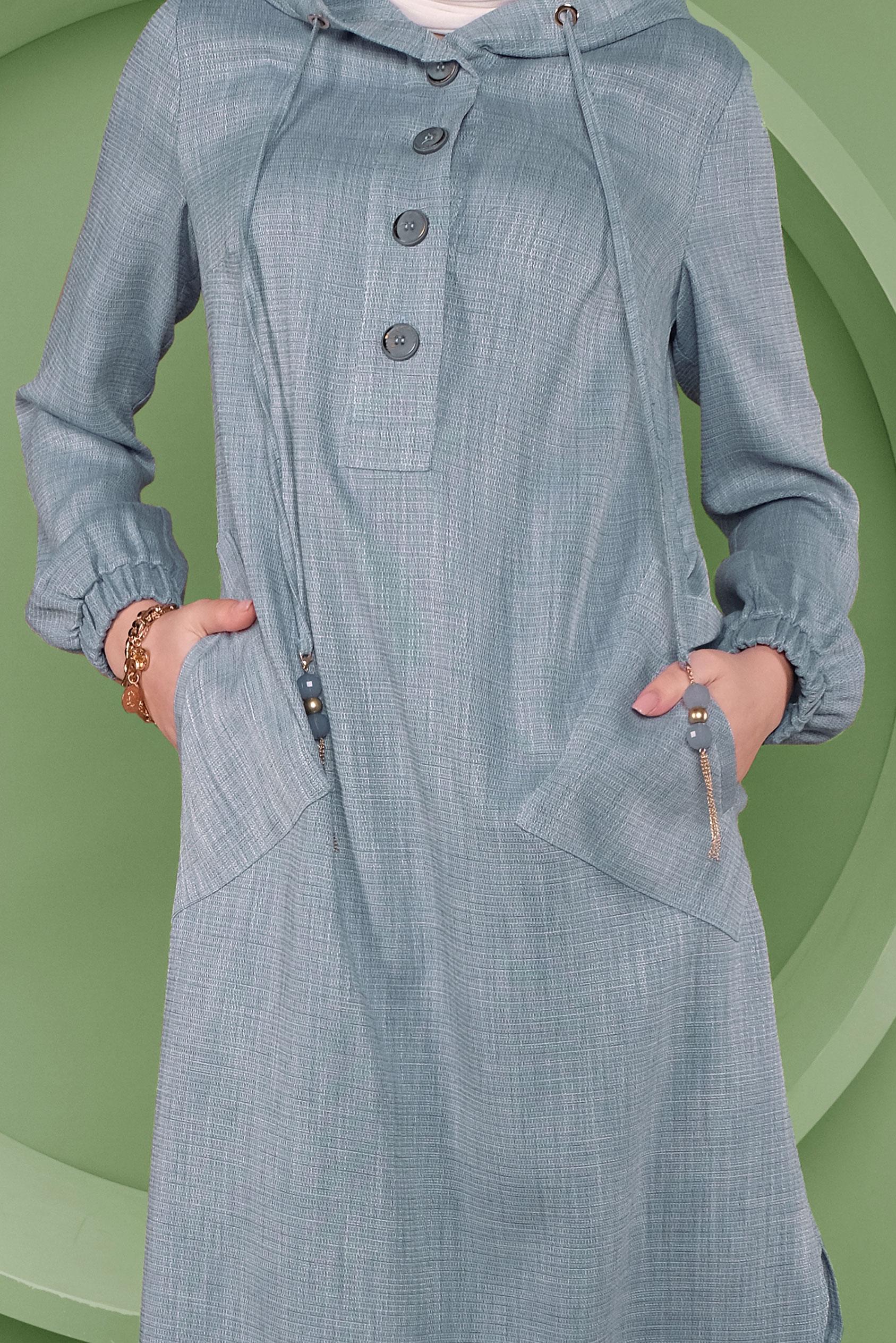 Tesettür giyim MAVİ KAPÜŞONLU DÜĞMELİ UZUN TUNİK 41341