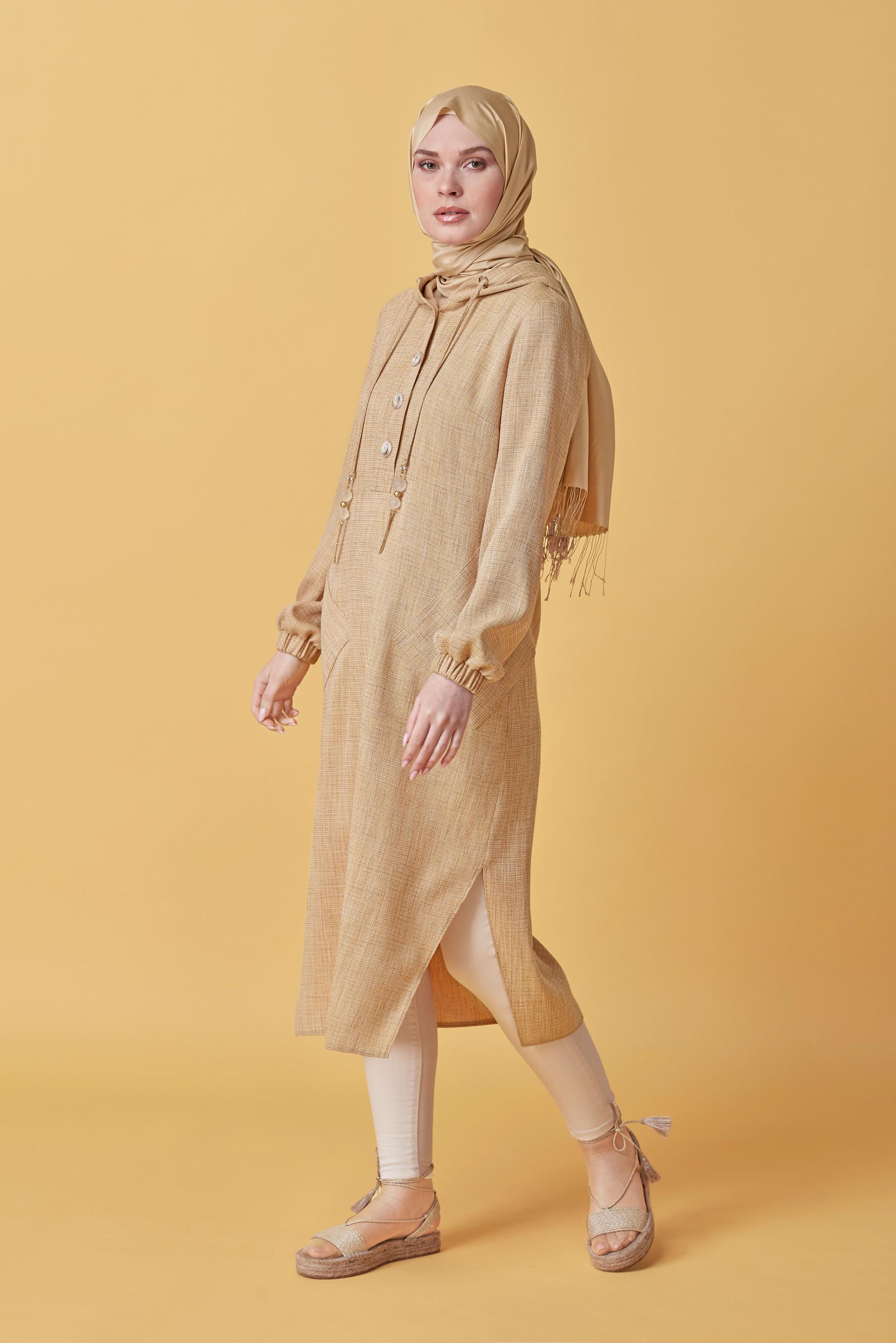 Tesettür giyim SARI KAPÜŞONLU DÜĞMELİ UZUN TUNİK 41341