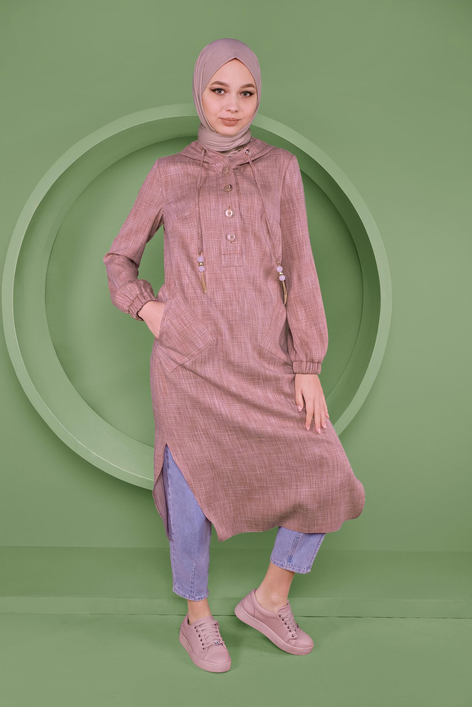 Tesettür giyim TURUNCU KAPÜŞONLU DÜĞMELİ UZUN TUNİK 41341