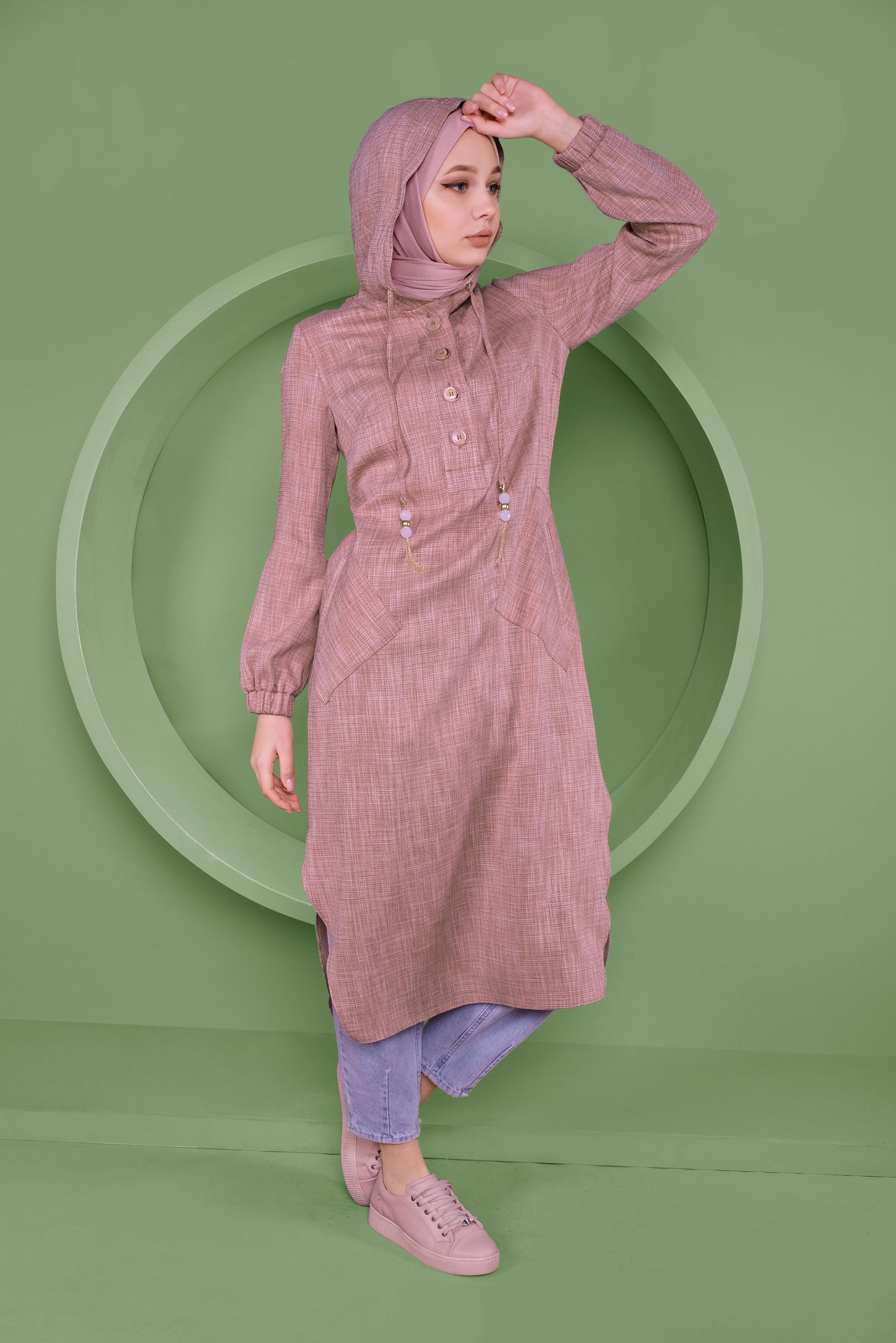 Tesettür giyim TURUNCU KAPÜŞONLU DÜĞMELİ UZUN TUNİK 41341