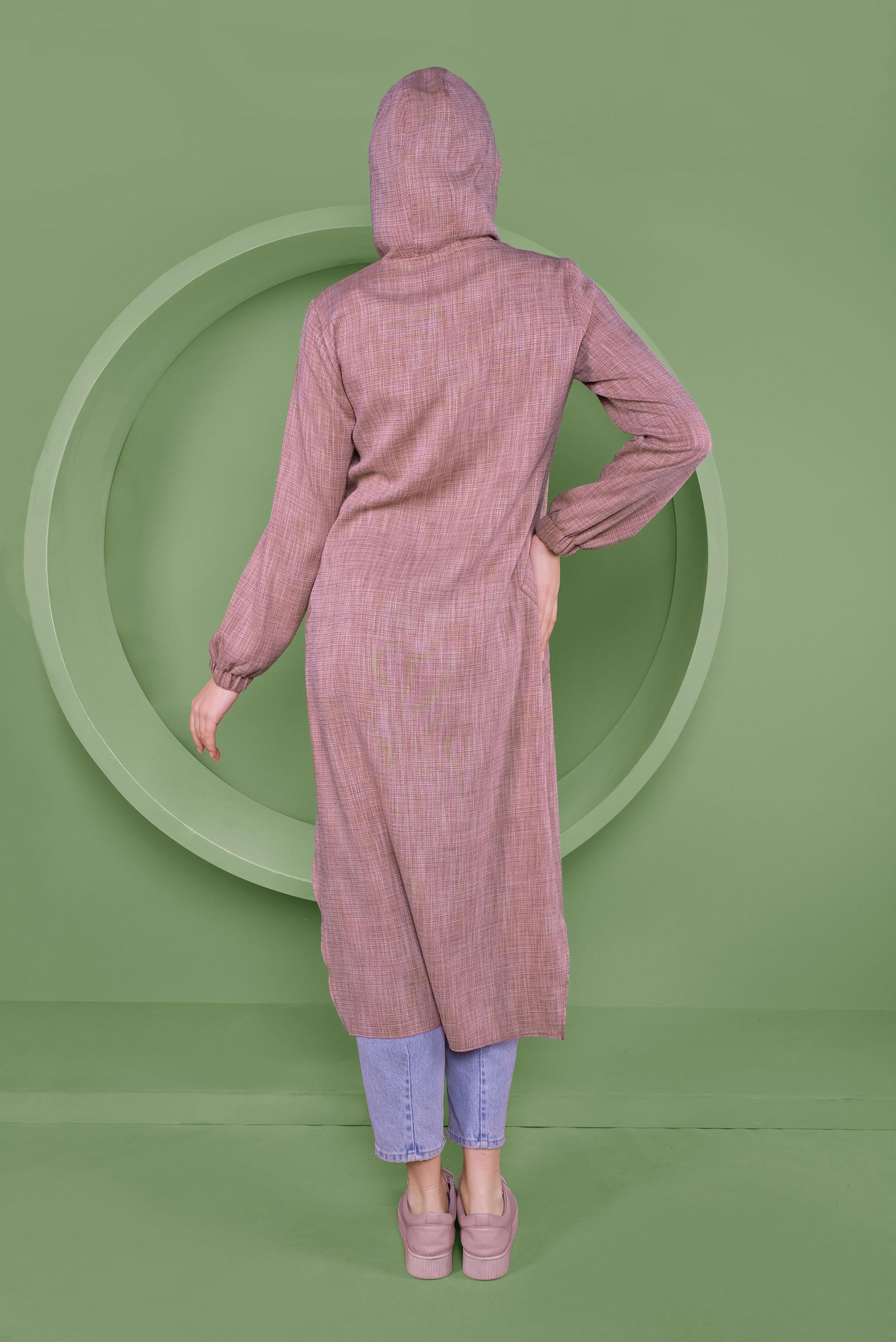 Tesettür giyim TURUNCU KAPÜŞONLU DÜĞMELİ UZUN TUNİK 41341