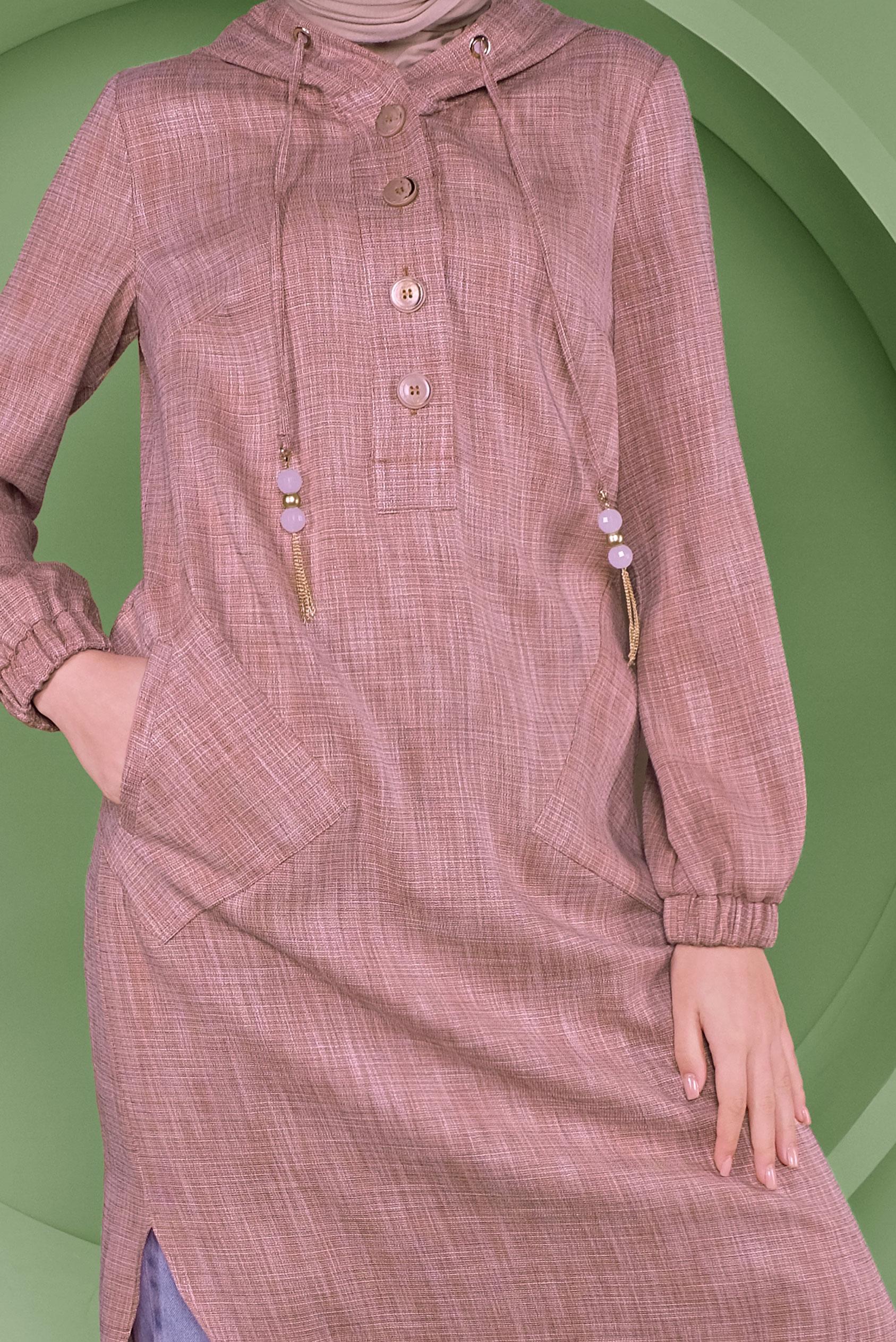 Tesettür giyim TURUNCU KAPÜŞONLU DÜĞMELİ UZUN TUNİK 41341