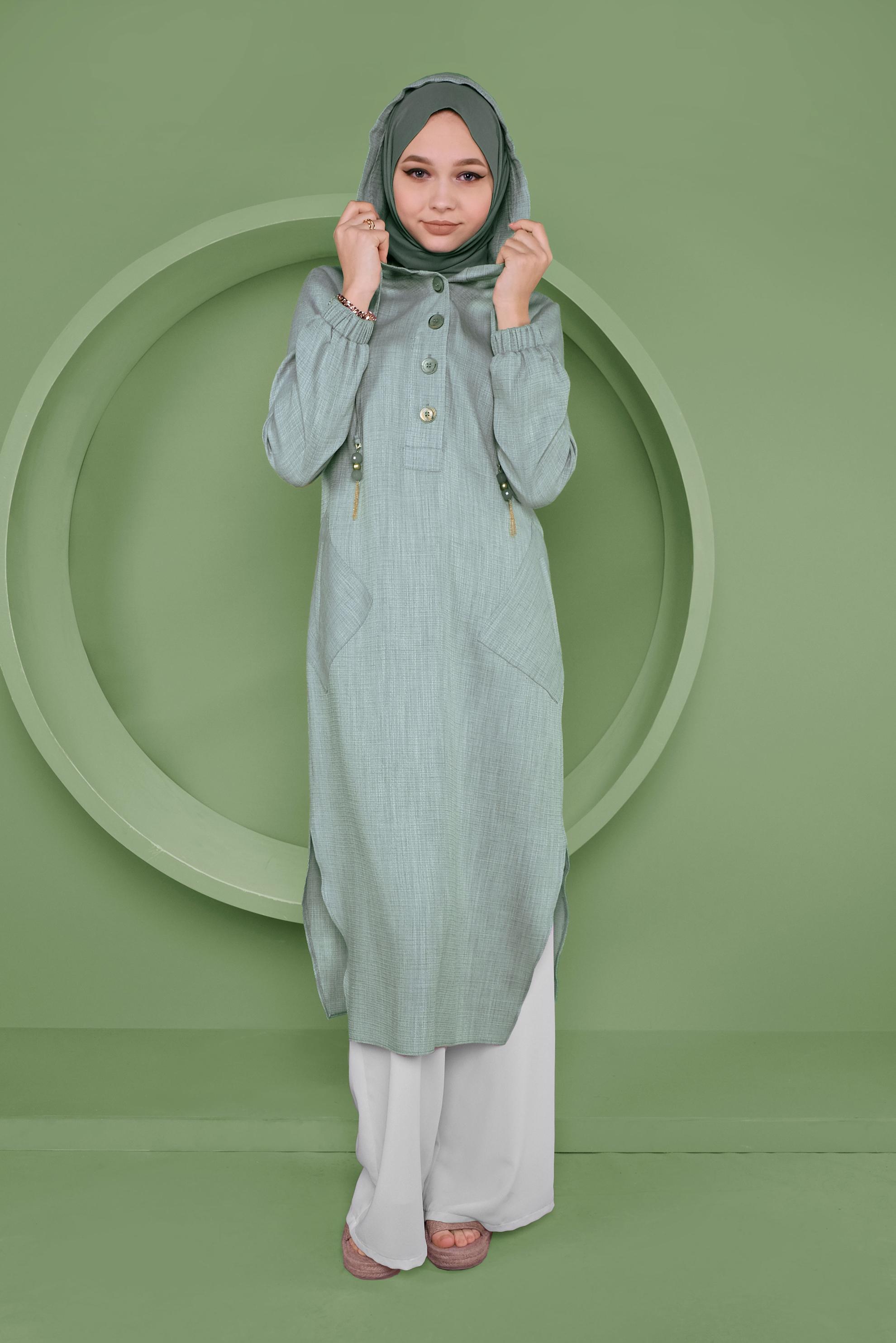 Tesettür giyim YEŞİL KAPÜŞONLU DÜĞMELİ UZUN TUNİK 41341