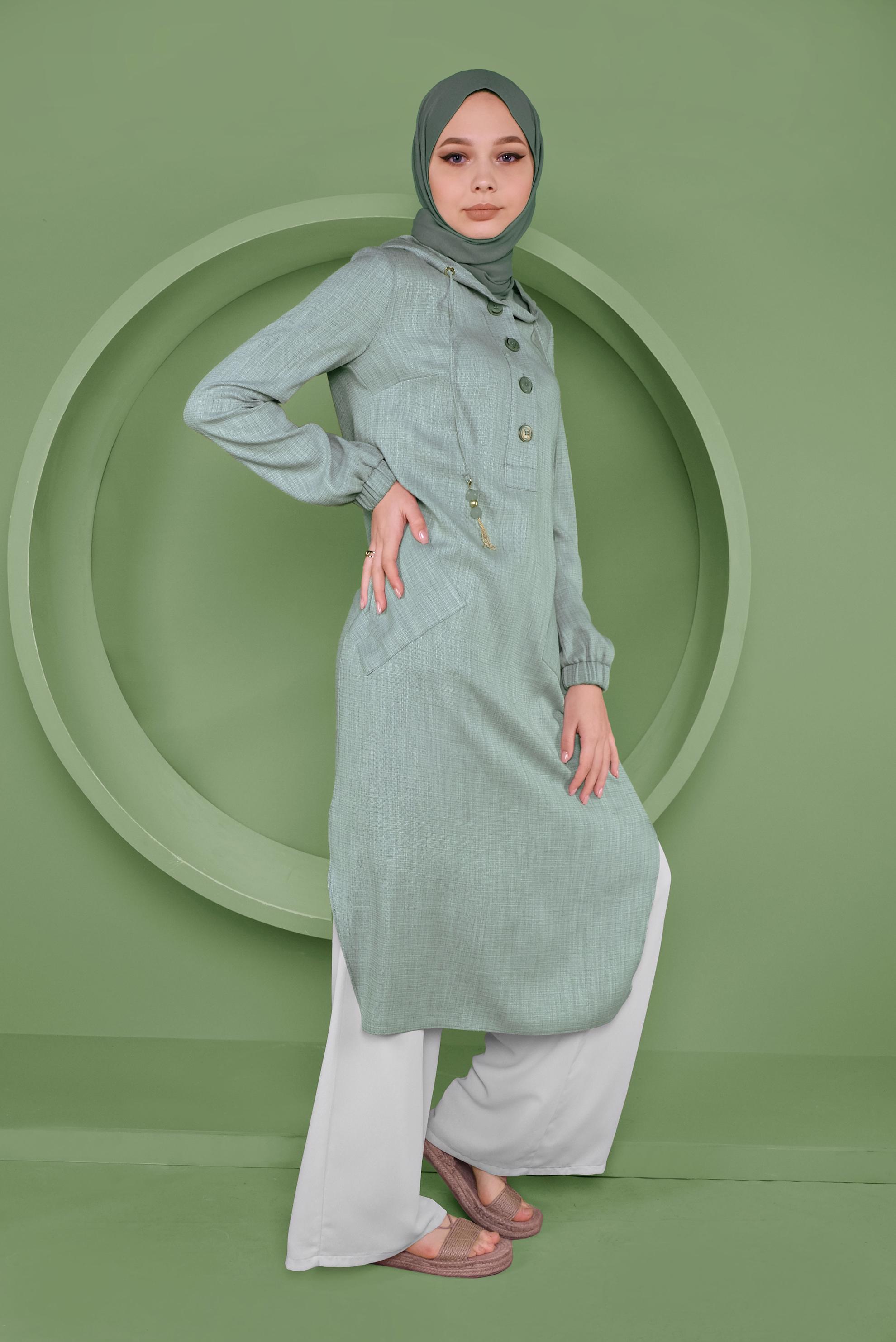 Tesettür giyim YEŞİL KAPÜŞONLU DÜĞMELİ UZUN TUNİK 41341