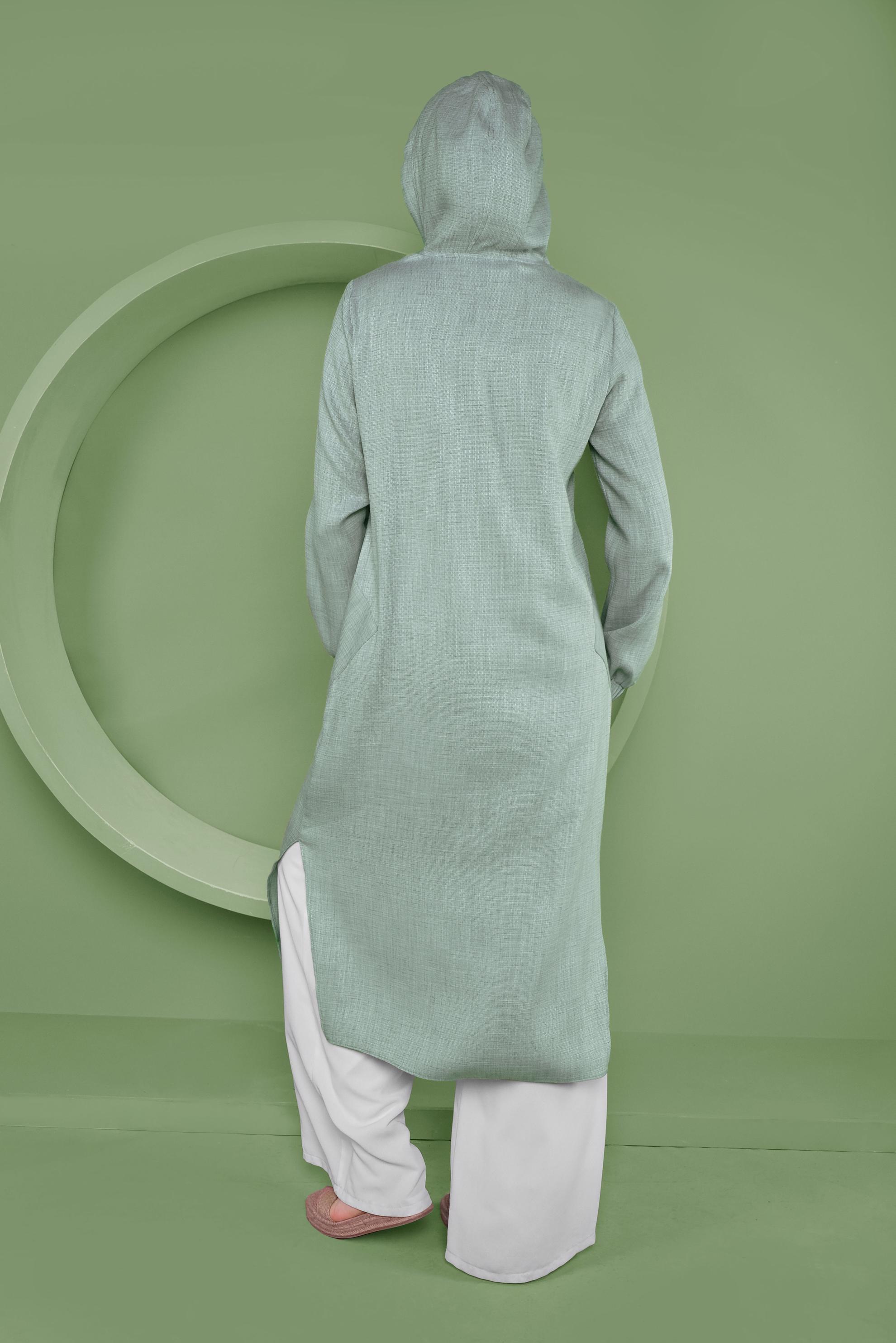 Tesettür giyim YEŞİL KAPÜŞONLU DÜĞMELİ UZUN TUNİK 41341