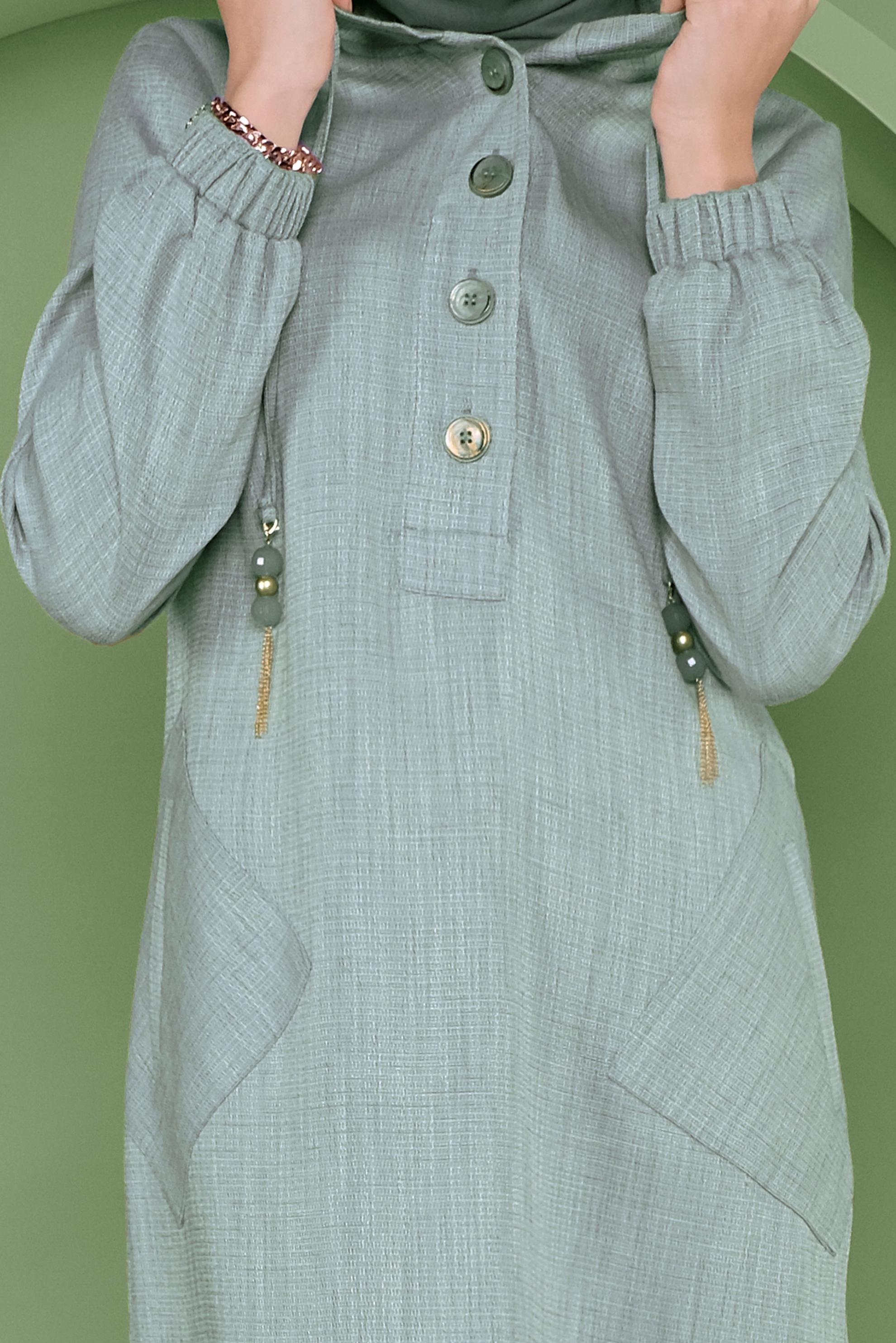 Tesettür giyim YEŞİL KAPÜŞONLU DÜĞMELİ UZUN TUNİK 41341