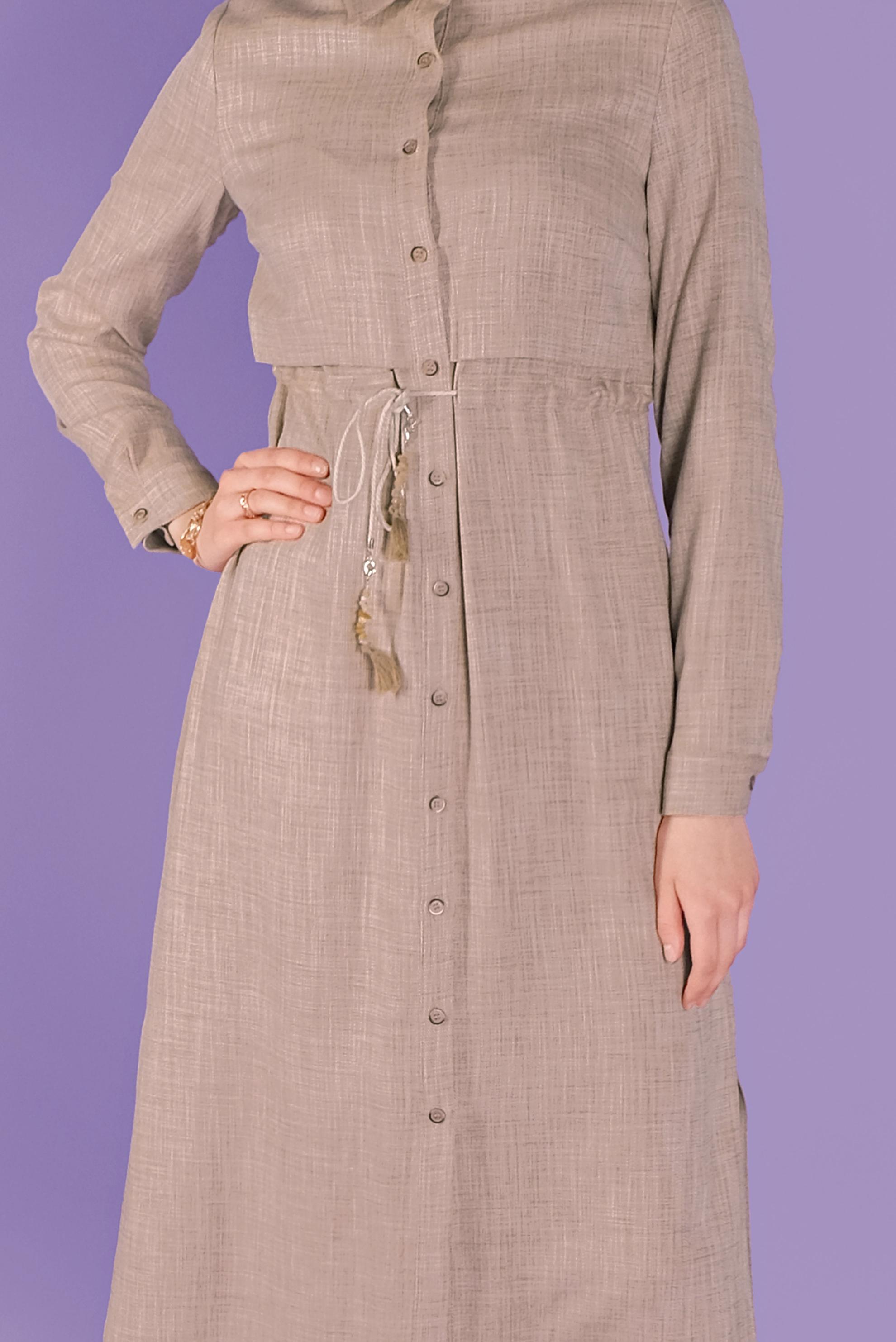 Tesettür giyim BEJ BOYDAN DÜĞMELİ BELİ BÜZGÜLÜ TUNİK 41342 