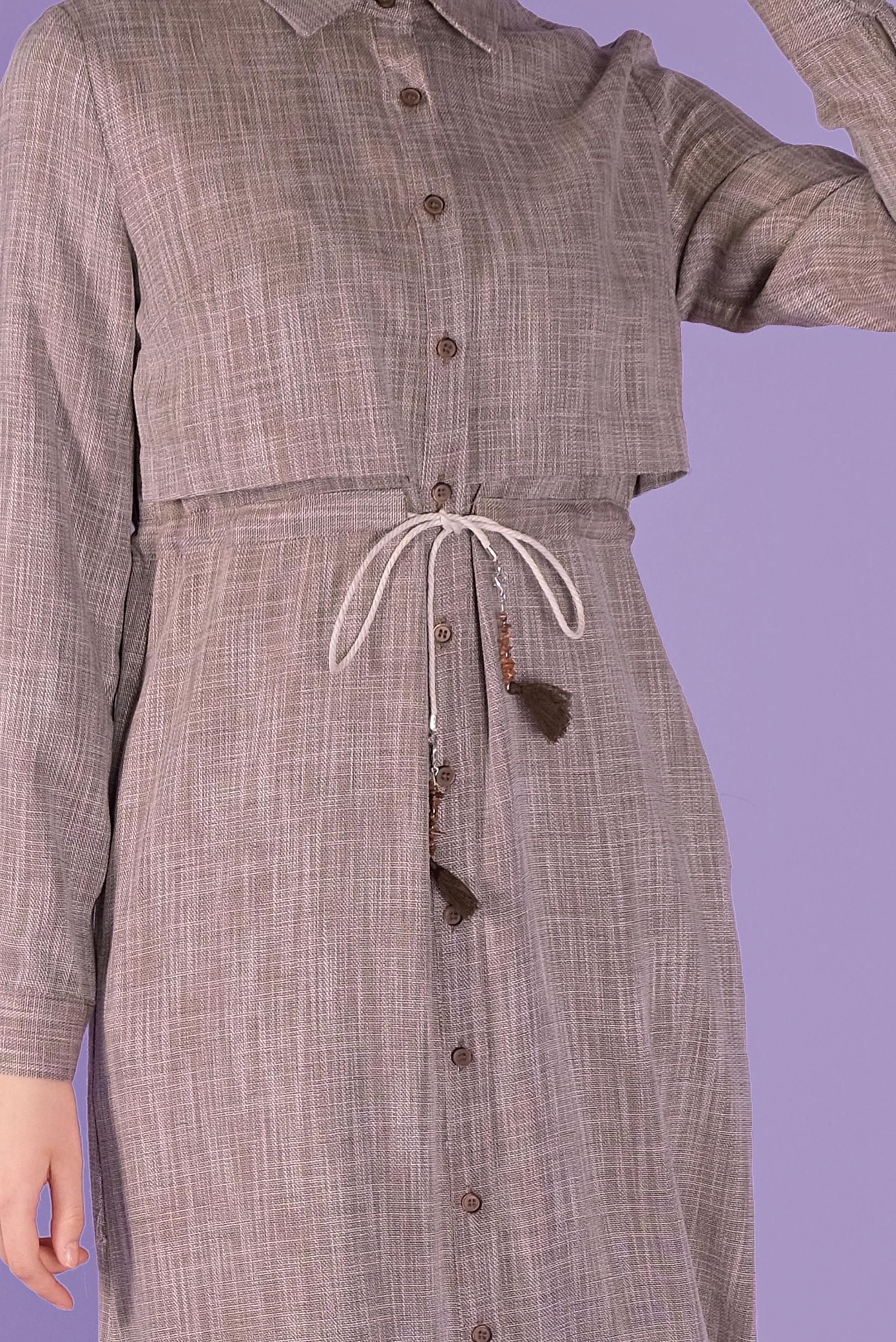 Tesettür giyim KAHVE BOYDAN DÜĞMELİ BELİ BÜZGÜLÜ TUNİK 41342 