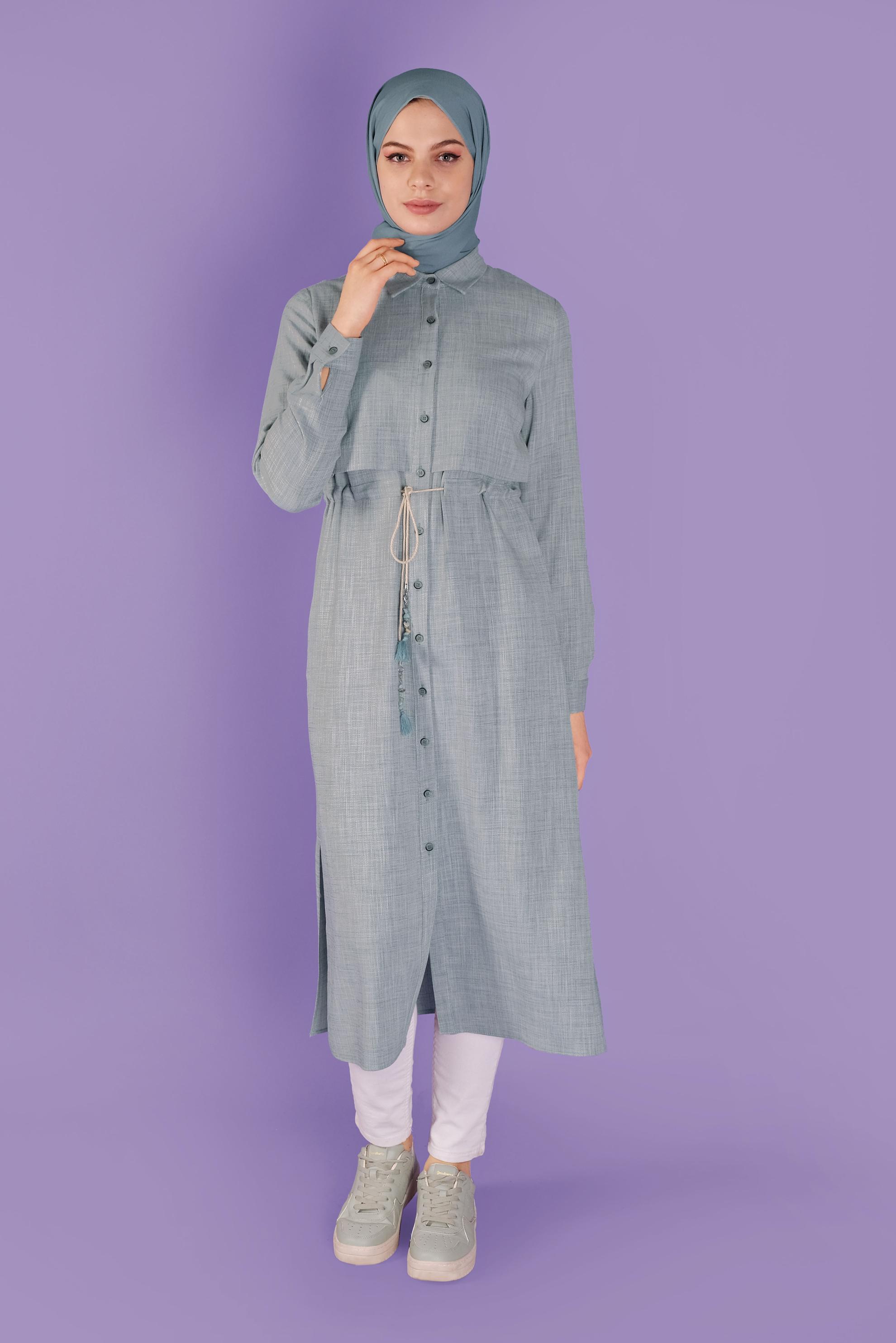 Tesettür giyim MAVİ BOYDAN DÜĞMELİ BELİ BÜZGÜLÜ TUNİK 41342 