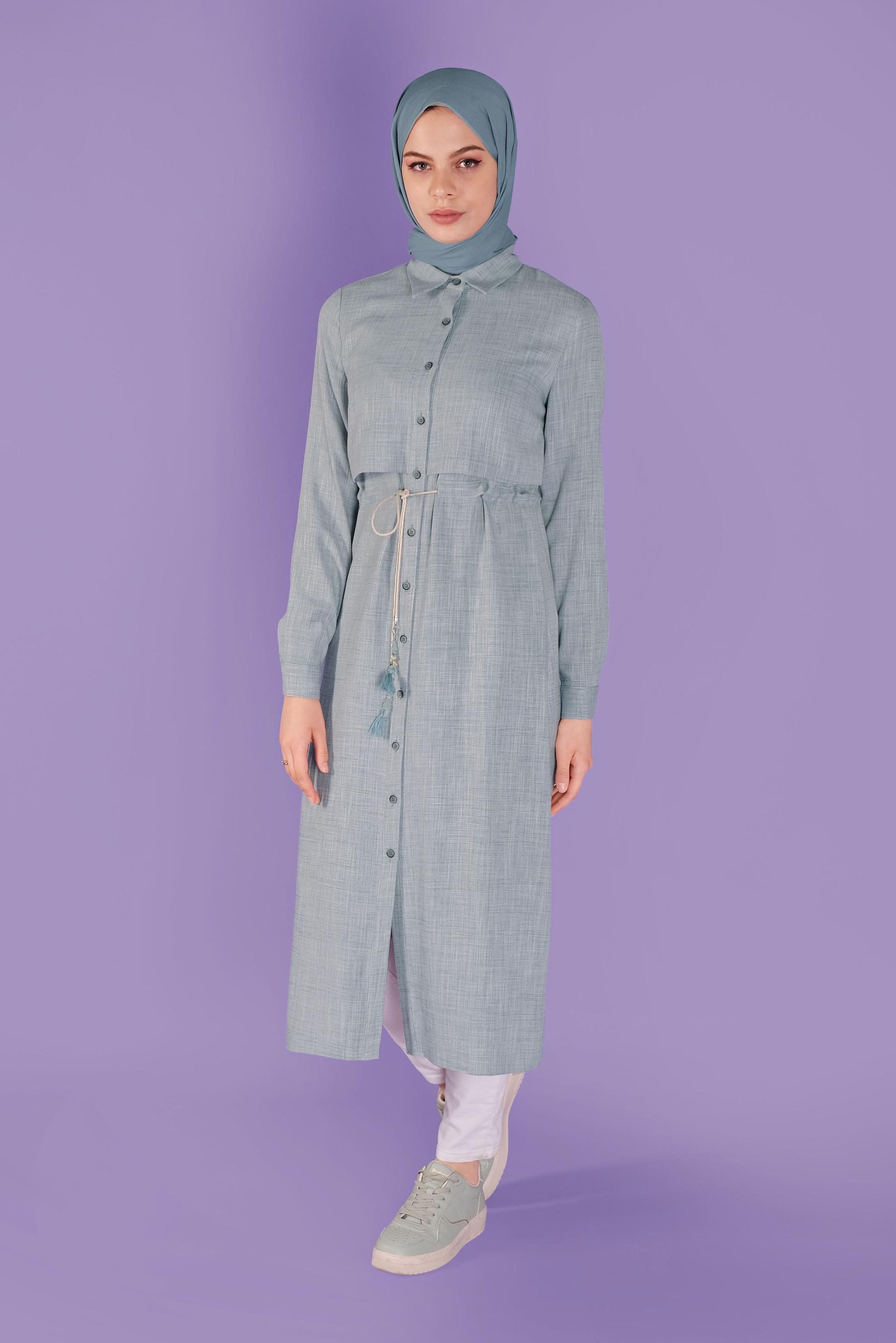 Tesettür giyim MAVİ BOYDAN DÜĞMELİ BELİ BÜZGÜLÜ TUNİK 41342 