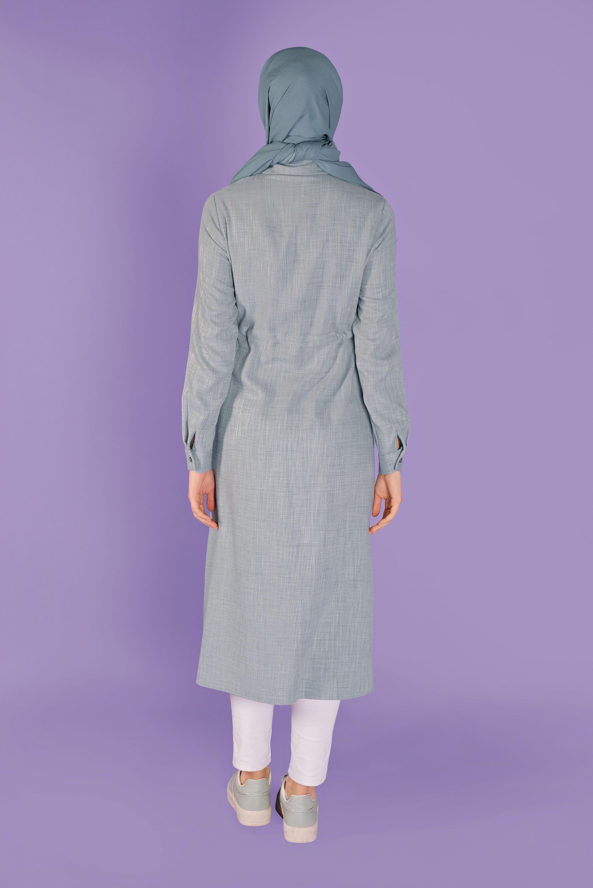 Tesettür giyim MAVİ BOYDAN DÜĞMELİ BELİ BÜZGÜLÜ TUNİK 41342 