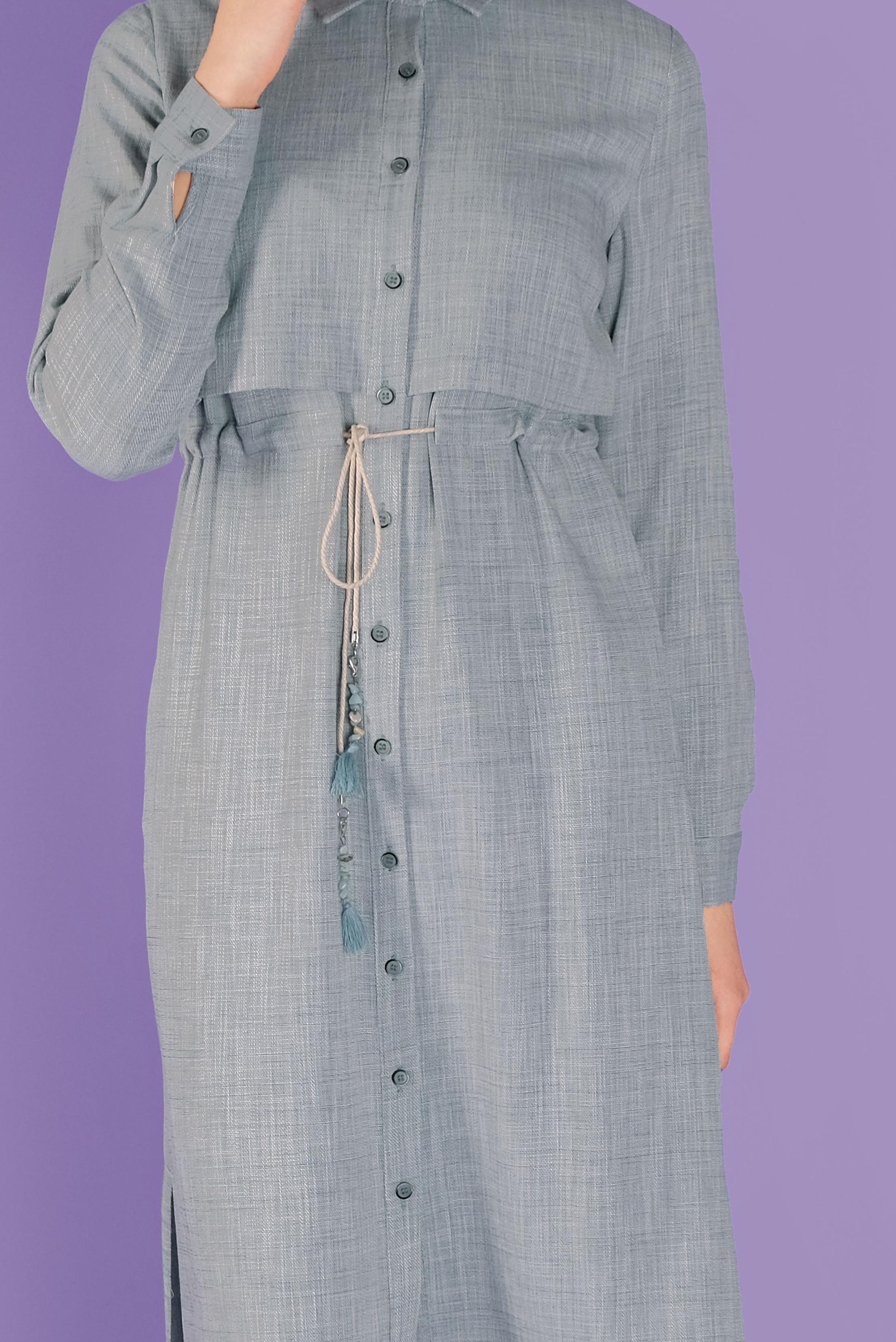 Tesettür giyim MAVİ BOYDAN DÜĞMELİ BELİ BÜZGÜLÜ TUNİK 41342 