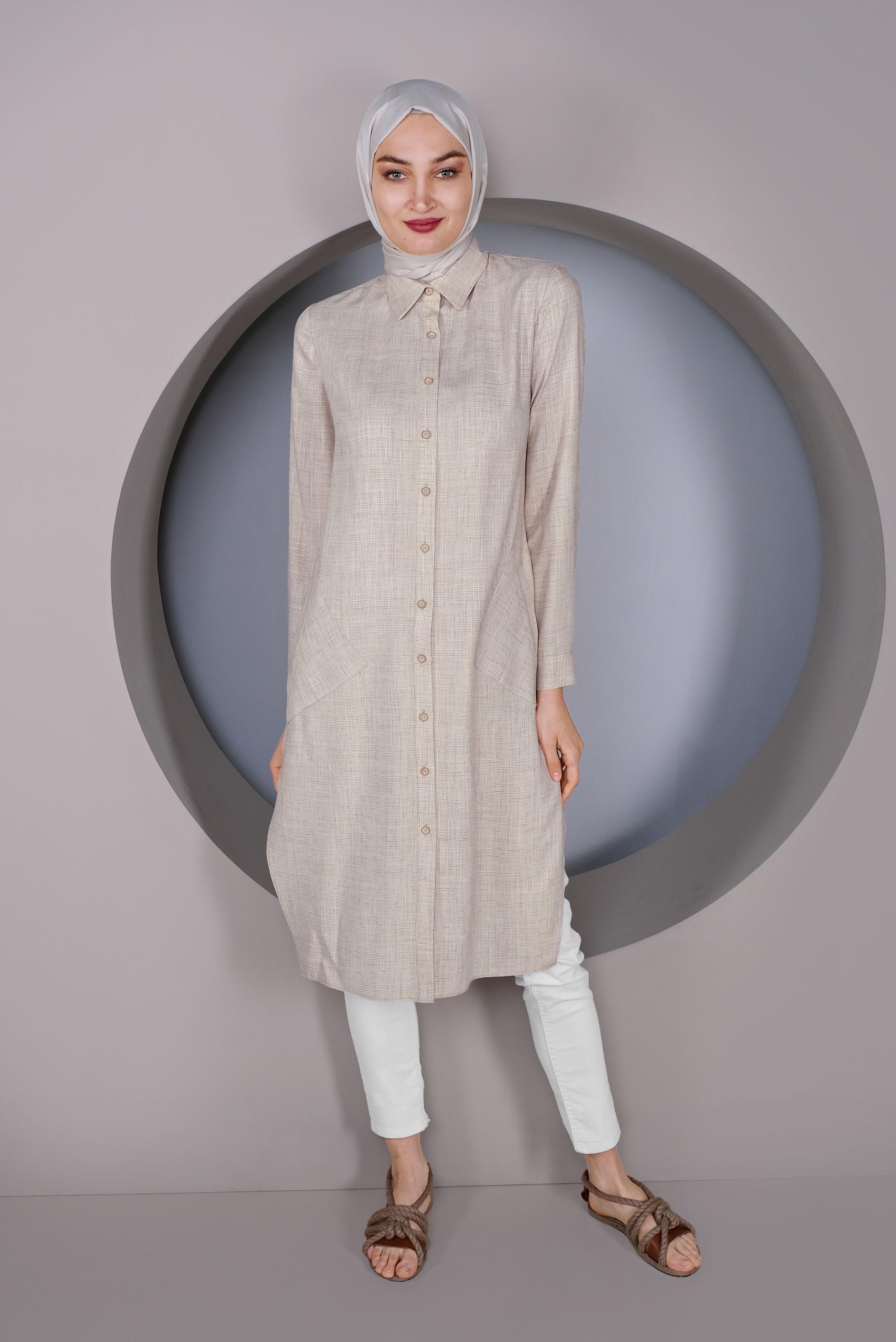 Tesettür giyim BEJ DÜĞMELİ UZUN TUNİK 41343