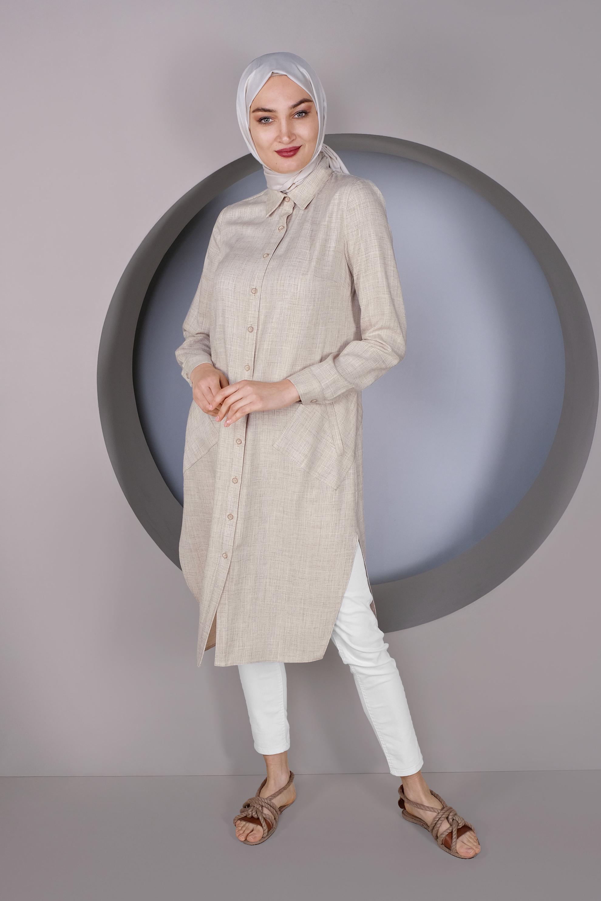 Tesettür giyim BEJ DÜĞMELİ UZUN TUNİK 41343