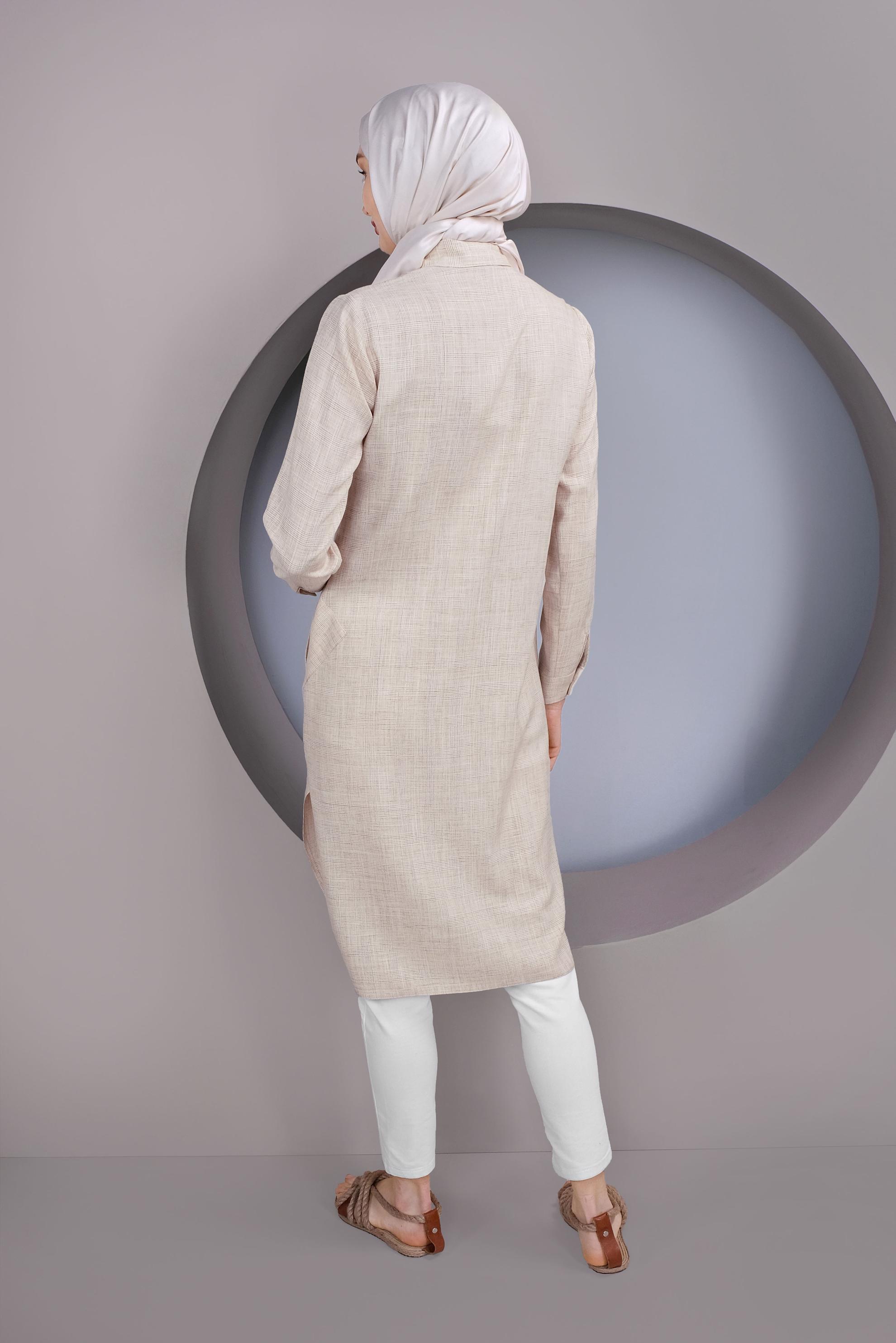 Tesettür giyim BEJ DÜĞMELİ UZUN TUNİK 41343