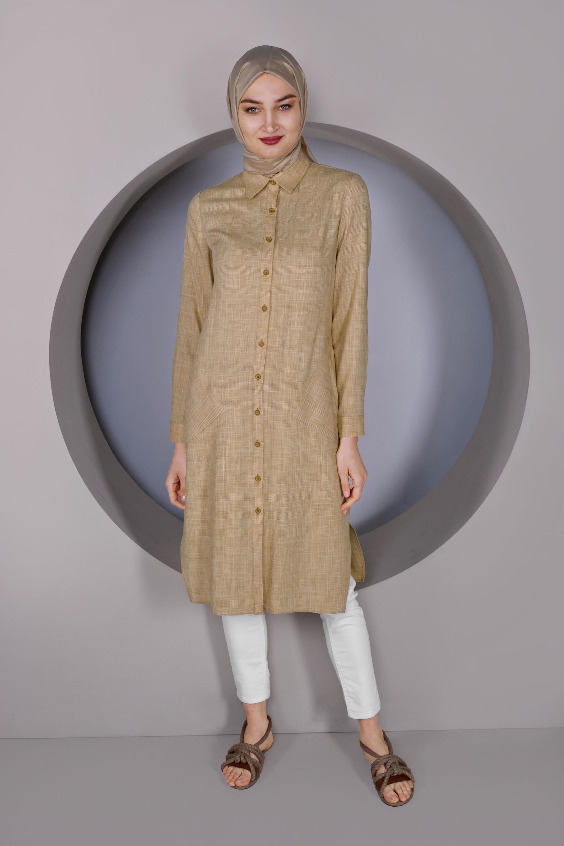 Tesettür giyim SARI DÜĞMELİ UZUN TUNİK 41343