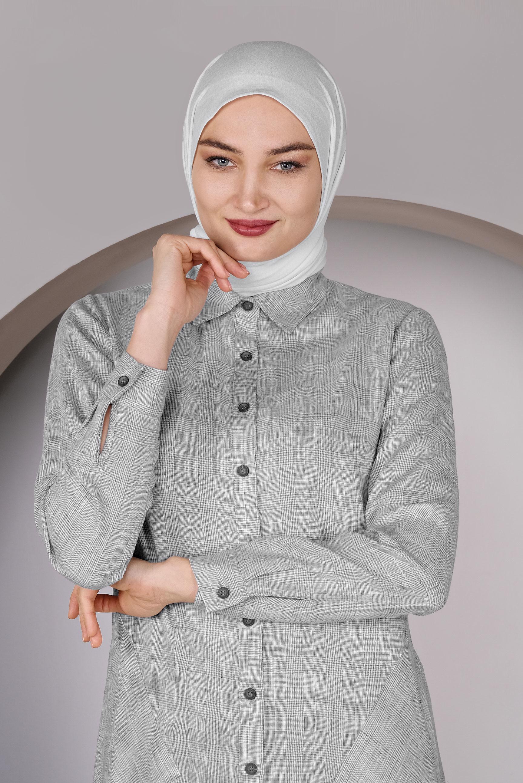 Tesettür giyim GRİ DÜĞMELİ UZUN TUNİK 41343